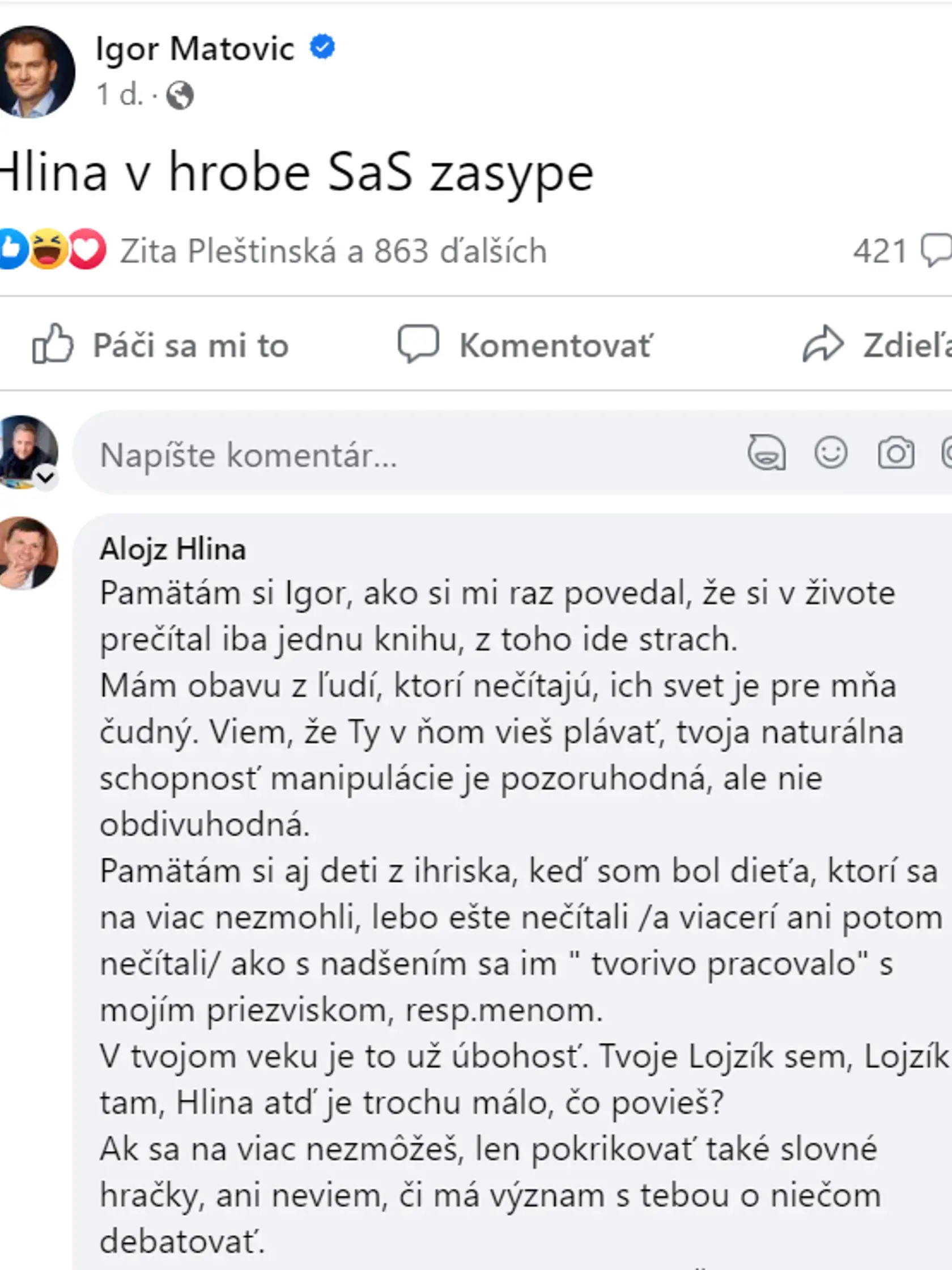 Drsné odkazy Matoviča s Hlinom.