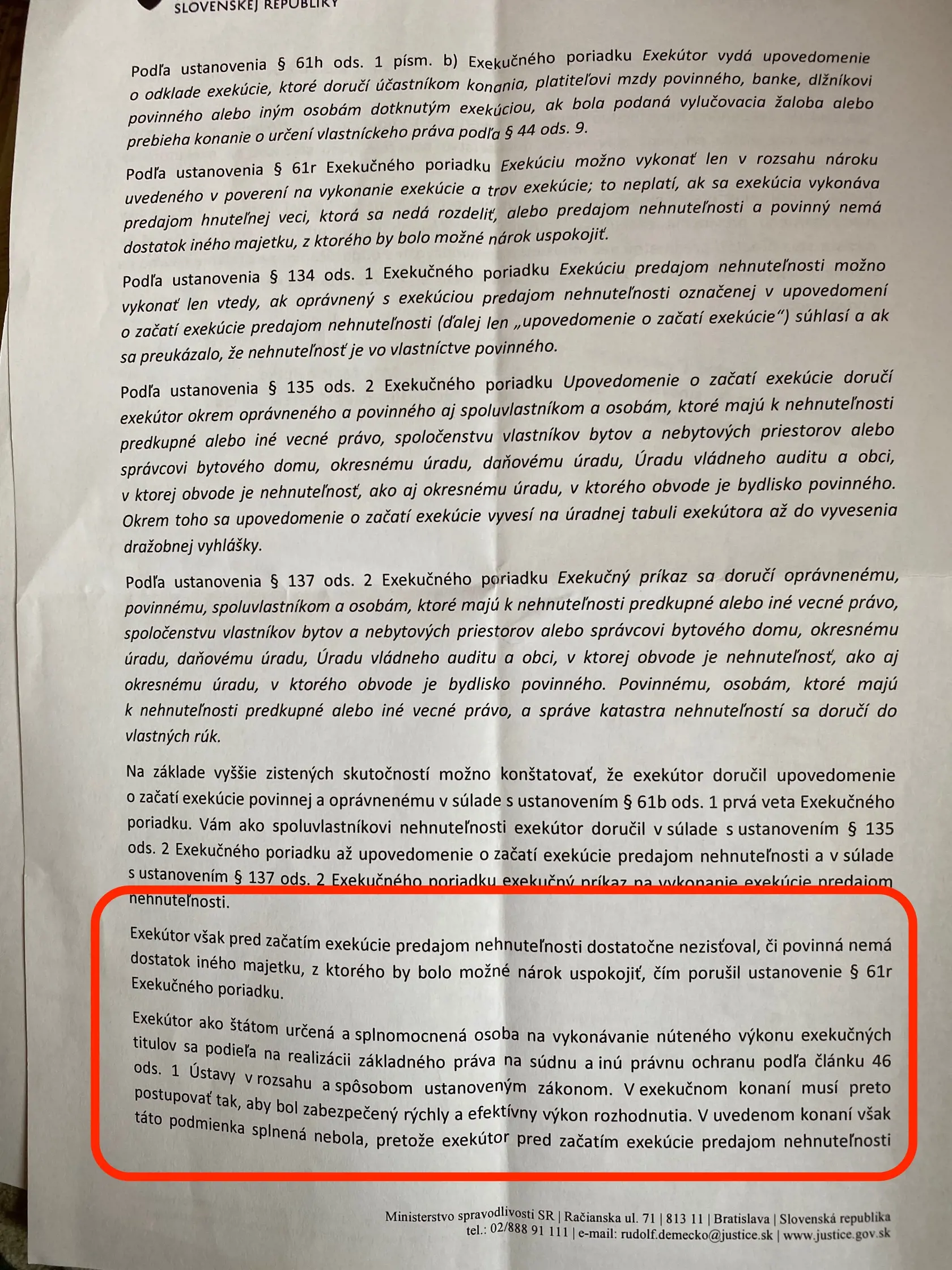 Stanovisko Ministerstva spravodlivosti SR v podnetu na vybave ie sťažnosti Radka Hanáka Slovenskou komorou exekútorov.