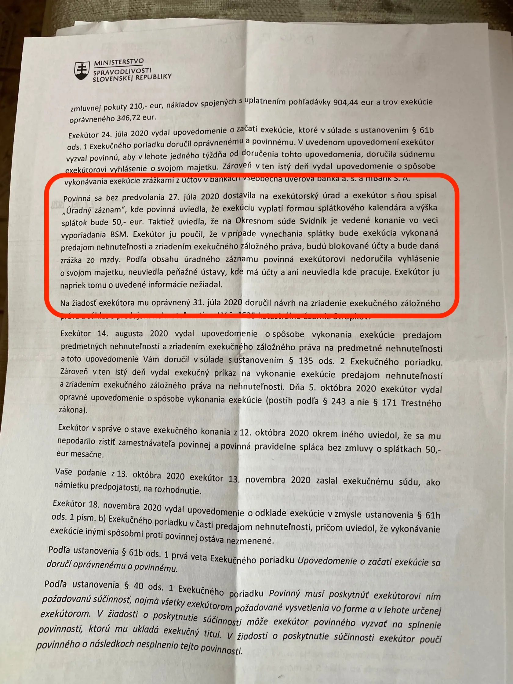 Stanovisko Ministerstva spravodlivosti SR v podnetu na vybave ie sťažnosti Radka Hanáka Slovenskou komorou exekútorov.