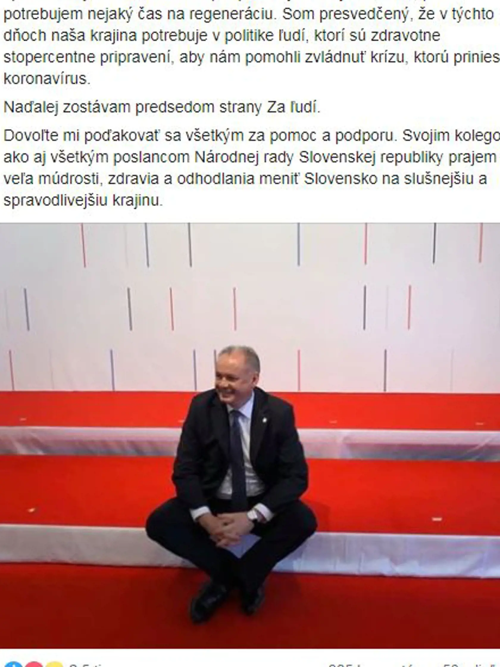 Exprezident Andrej Kiska oznámil na sociálnej sieti, že sa vzdáva mandátu poslanca.