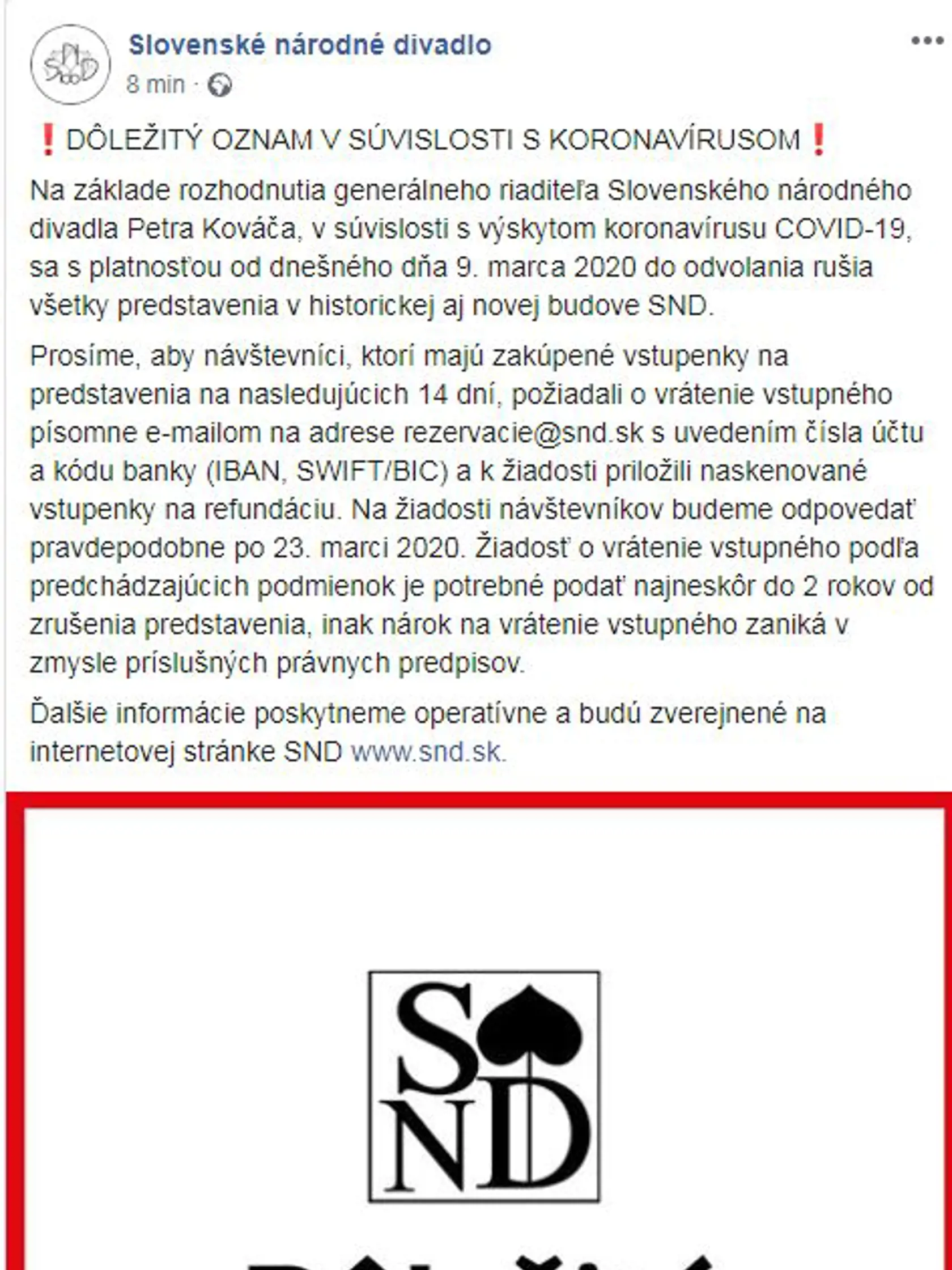 SND informuje o zrušených predstaveniach až do odvolania.