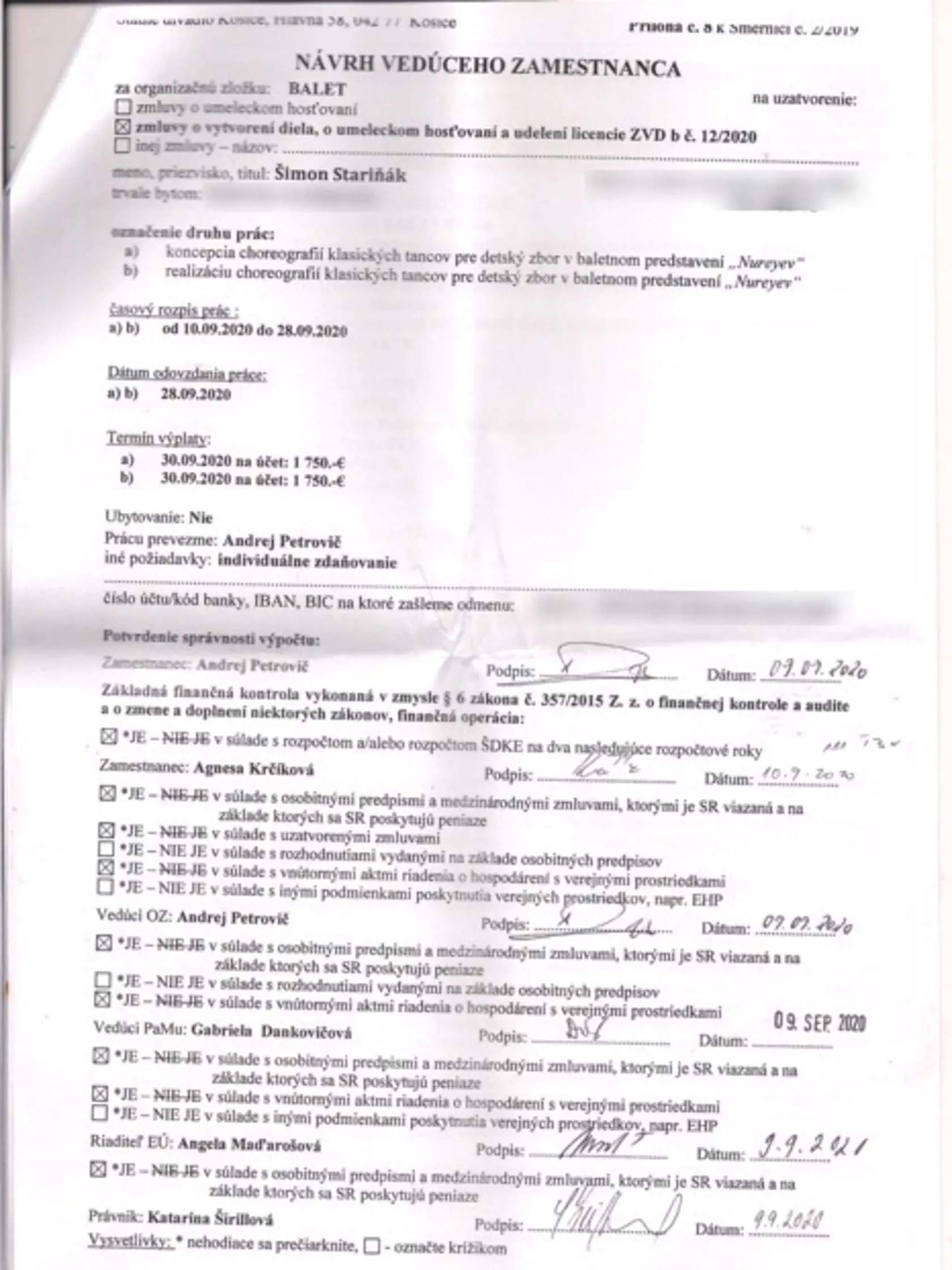 Návrh vedúceho zamestnanca na vyplatenie honoráru.