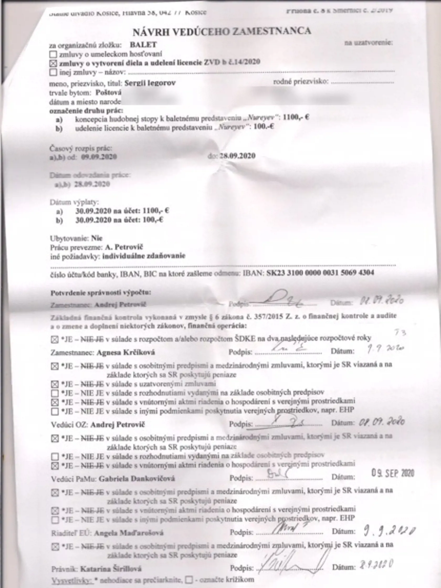 Návrh vedúceho zamestnanca na vyplatenie honoráru.