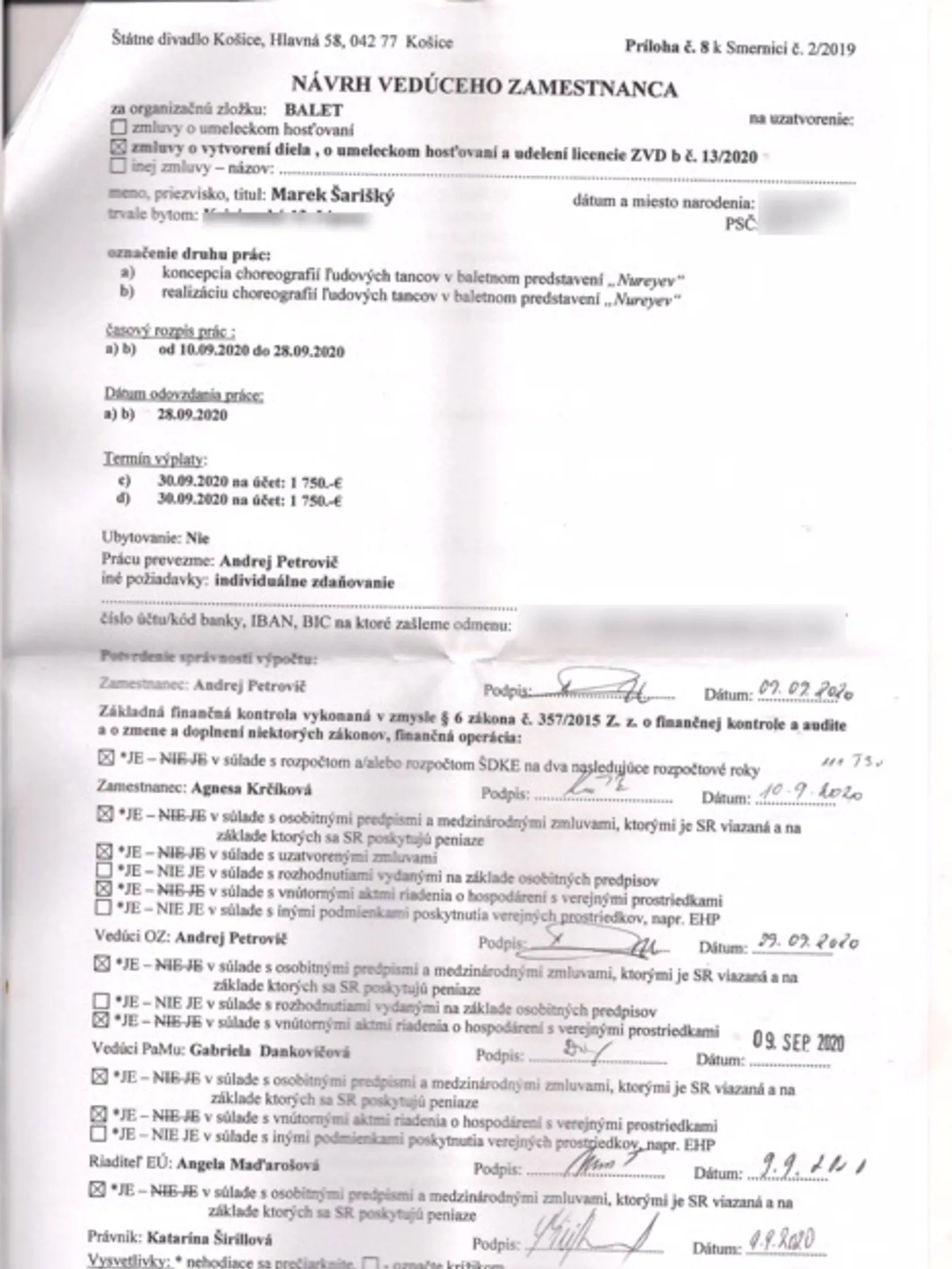 Návrh vedúceho zamestnanca na vyplatenie honoráru.