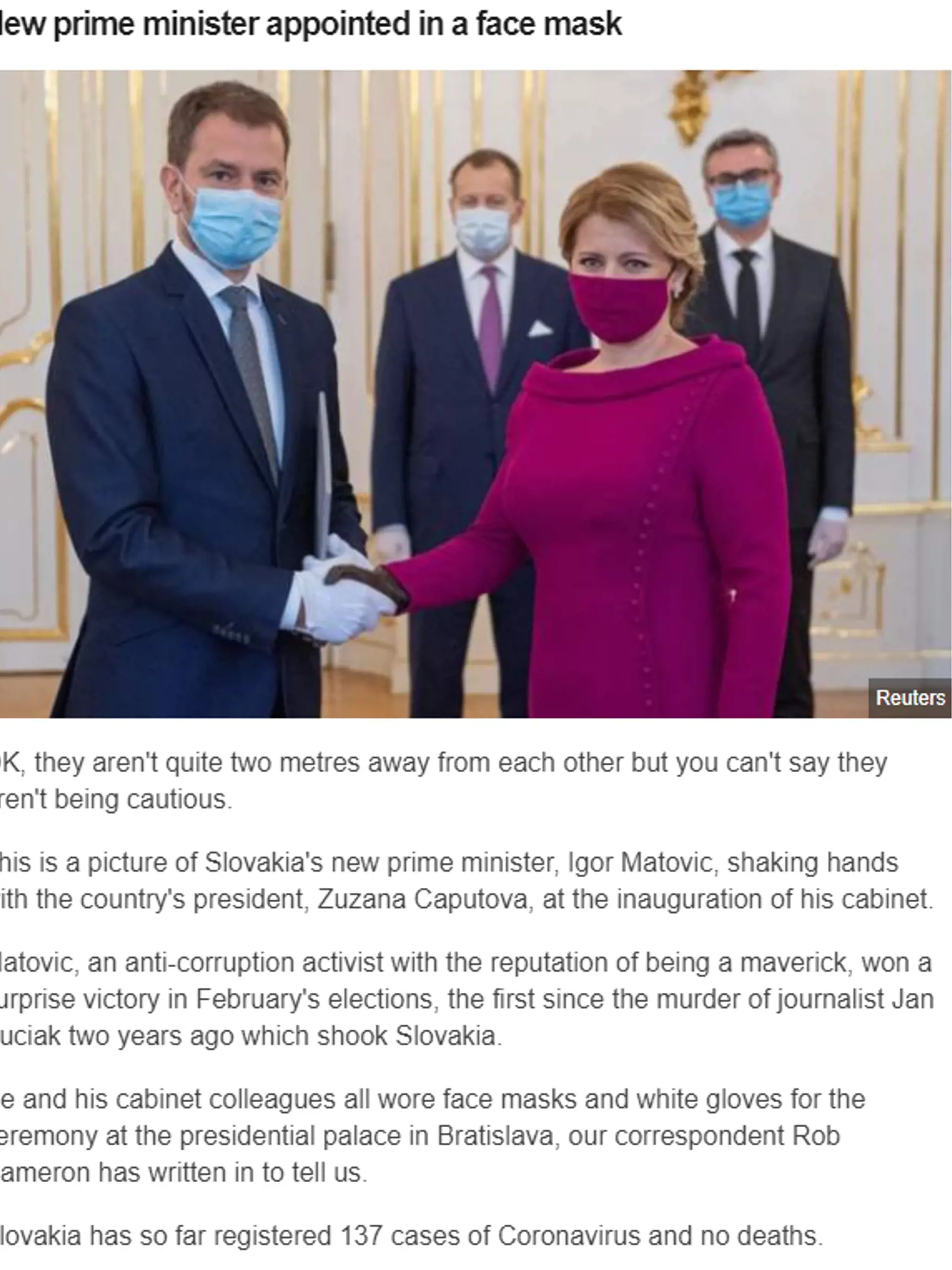 BBC píše o Igorovi Matovičovi a slovenskej prezidentke Zuzane Čaputovej.