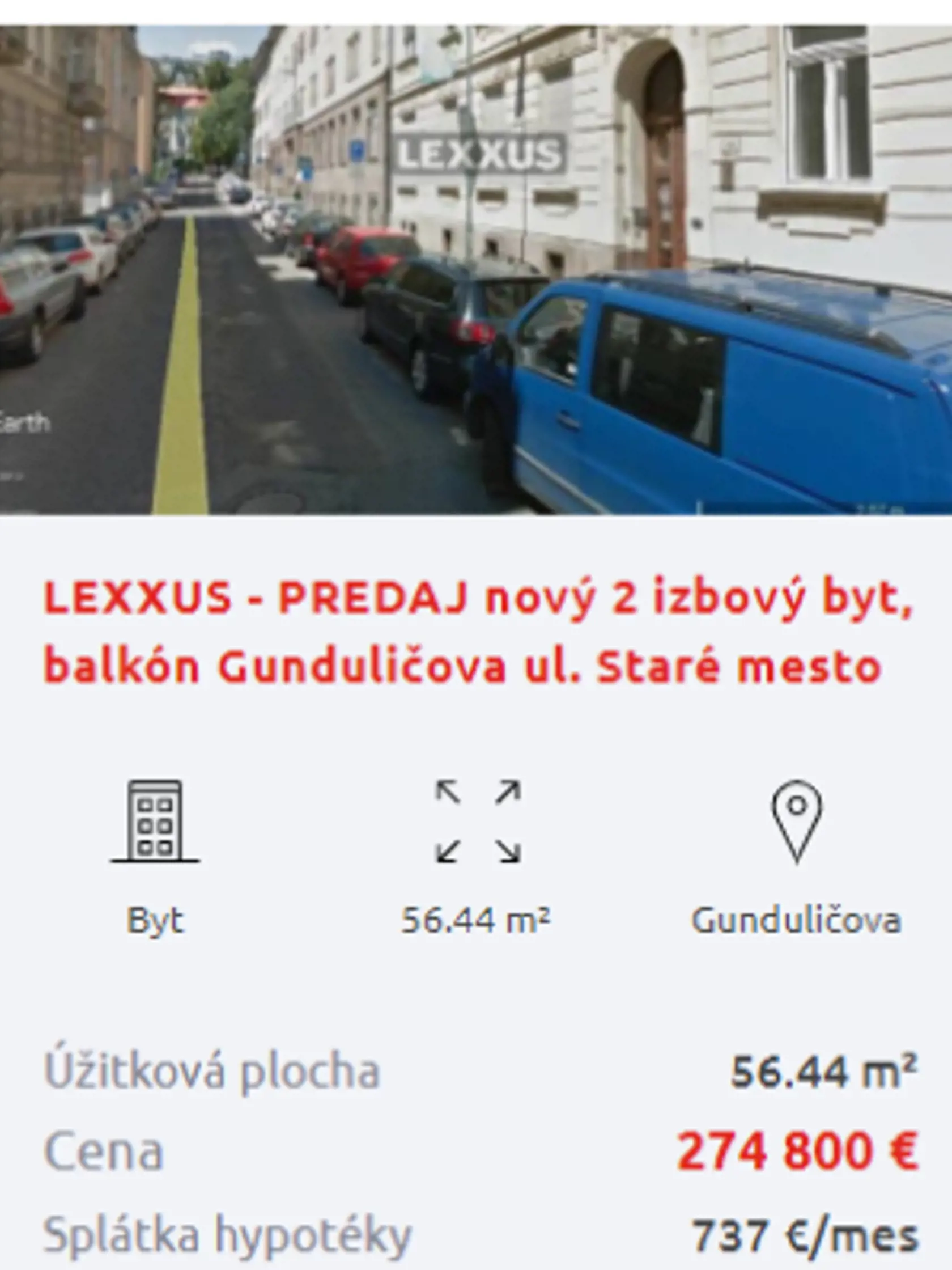 Inzerát na predaj bytu v lokalite, v ktorej syn Kajetána Kičuru vraj kúpil byty o rozlohe 57 m2 a 63 m2 dokopy za 200 000 eur!