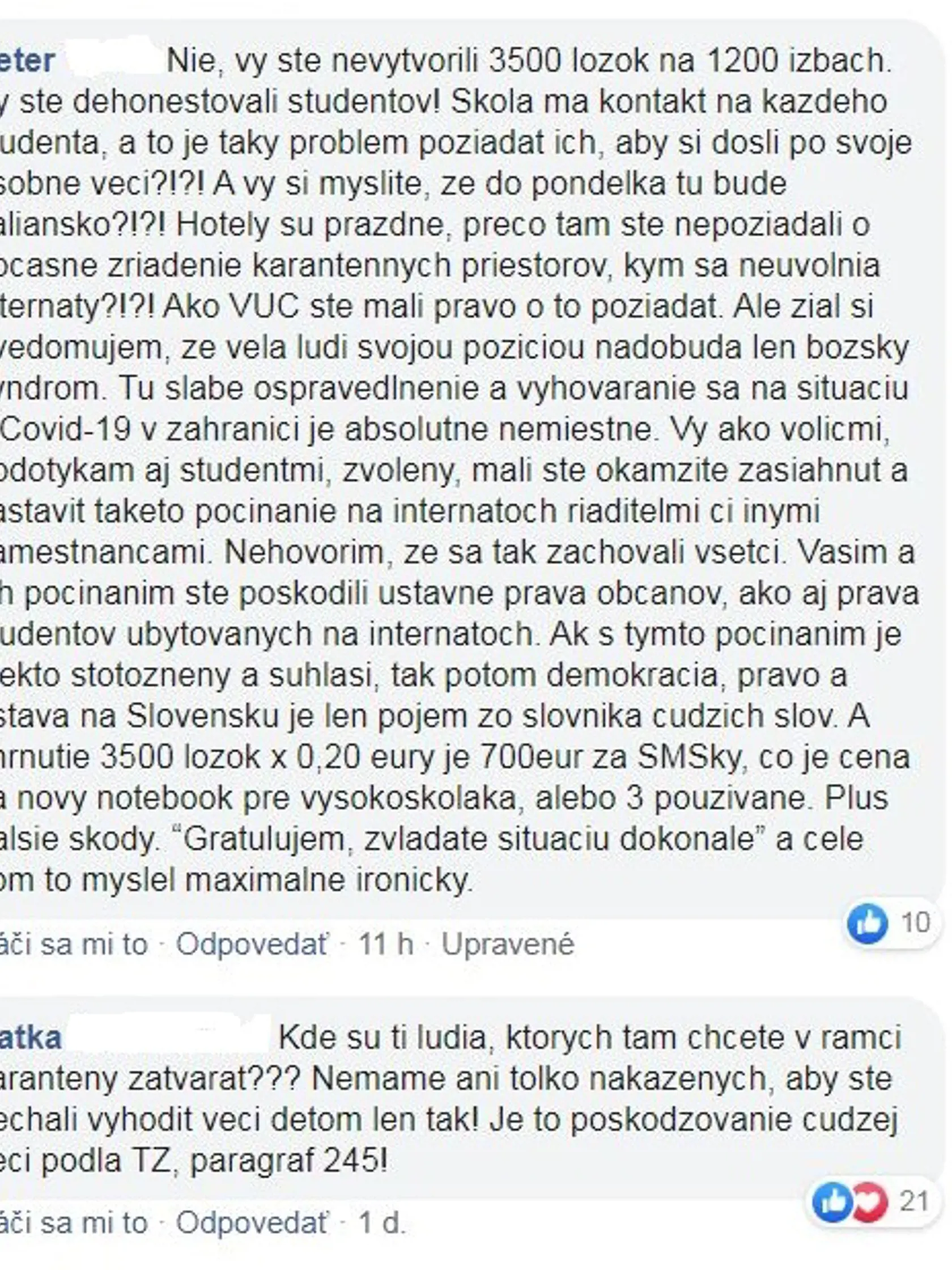 Reakcie ľudí na sociálnej sieti.