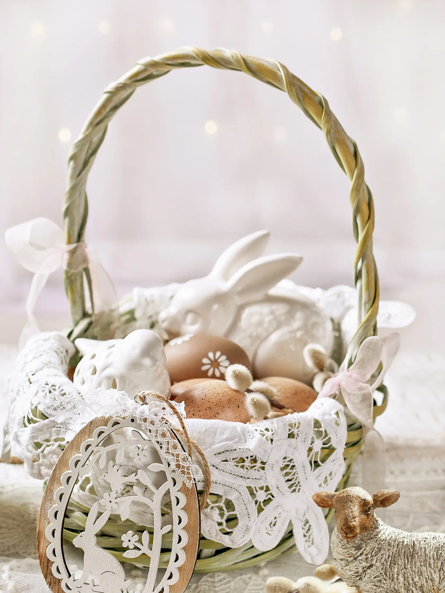 Easter,Decoration,With,Wicker,Basket,,Eggs,And,Bunny