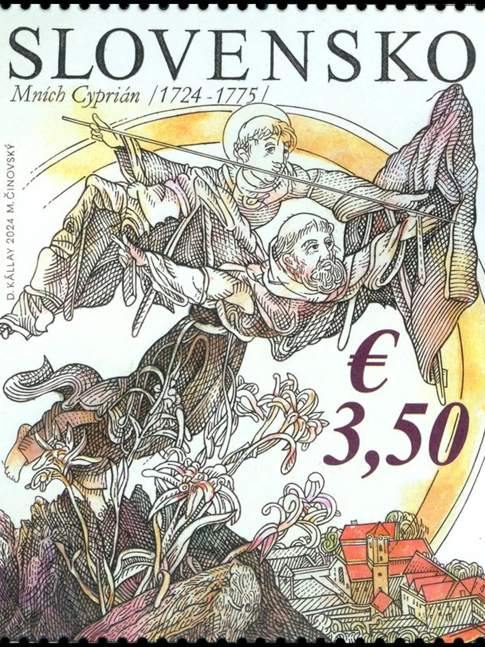 Mních Cyprián (1724 - 1775). Motív poštovej známky (na snímke) vizuálne stvárňuje legendu o mníchovi Cypriánovi.