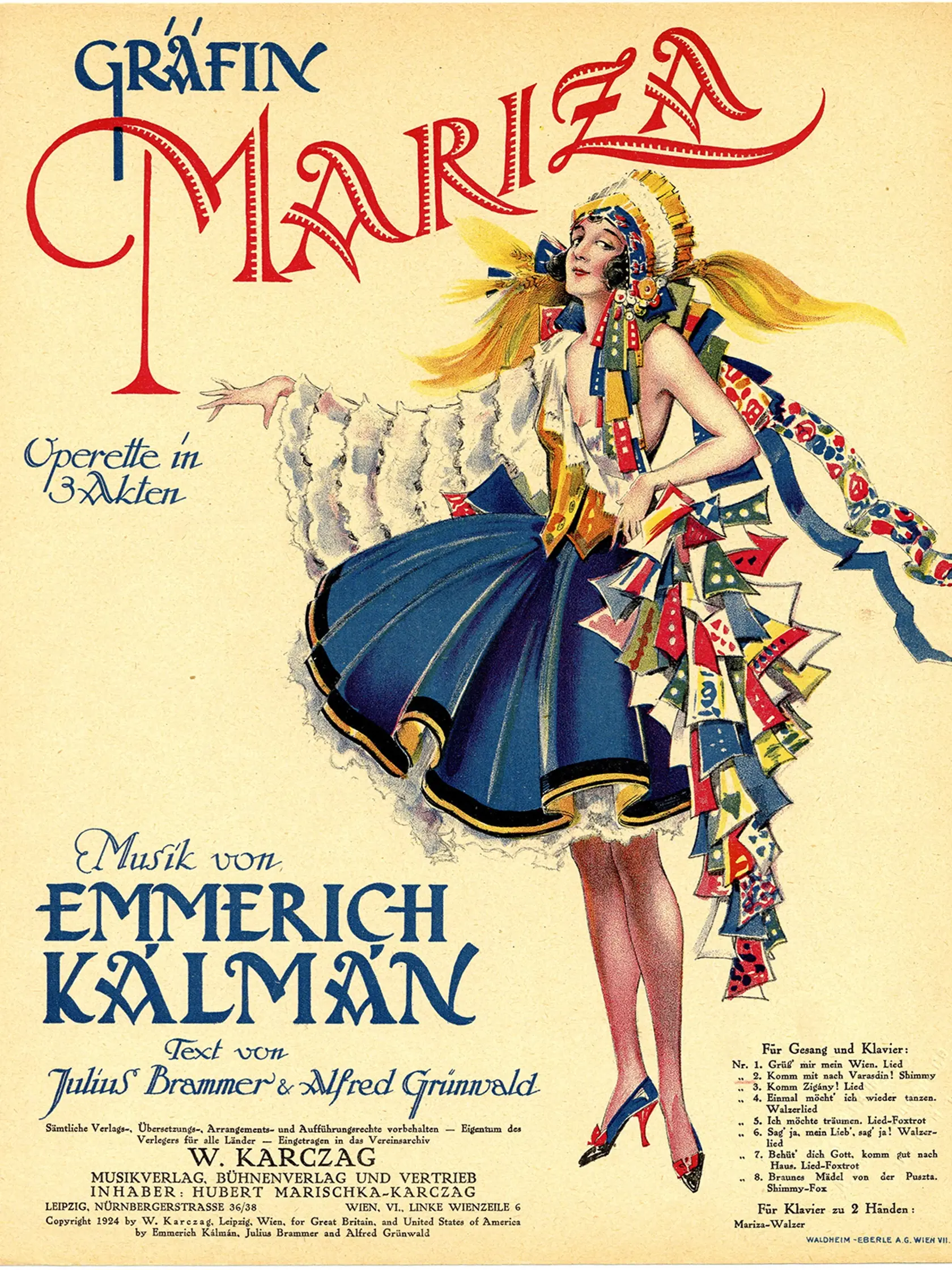 Emmerich Kálmán, Librettist/Textautor: Julius Brammer
und Alfred Grünwald, "Gräfin Mariza", Operette in 3
Akten, Graphiker: unbekannt, W. Karczag Musikverlag, Leipzig/Wien/New York 1924.,Image: 520863348, License: Rights-managed, Restrictions: , Model Release: no
