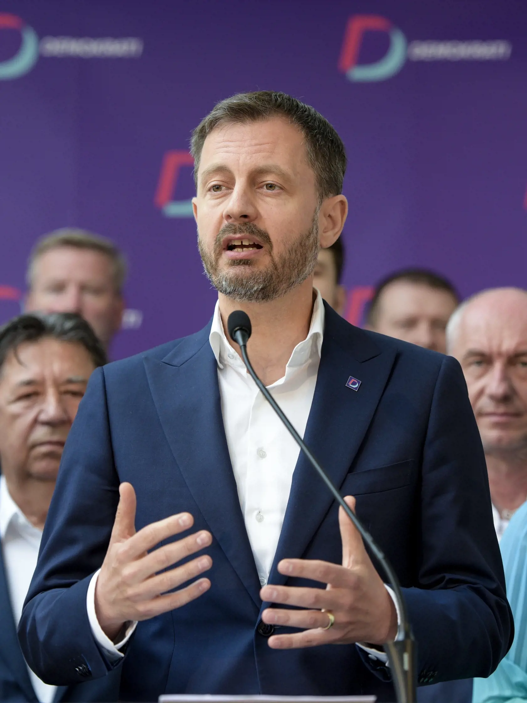 Na snímke predseda strany Demokrati Eduard Heger počas tlačovej konferencie strany Demokrati na tému Predstavenie kandidátky strany 3. júla 2023 v Bratislave. FOTO TASR - Pavol Zachar