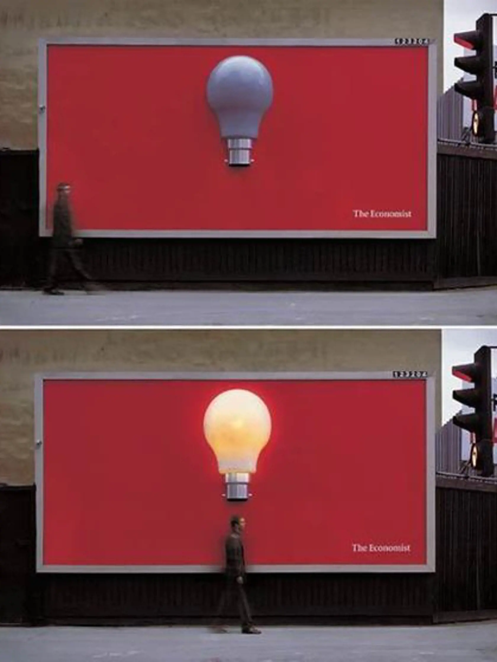 Poznáte ten pocit, keď na niečo prídete a nad hlavou sa vám zasvieti imaginárna žiarovka? Magazín The Economist ho premenil na reálny. Opticky citlivá kamera pri pohybe pod billboardom zasvieti žiarovku. Vďaka magazínu tak má nápad každý človek...alebo pes...alebo mačka :)