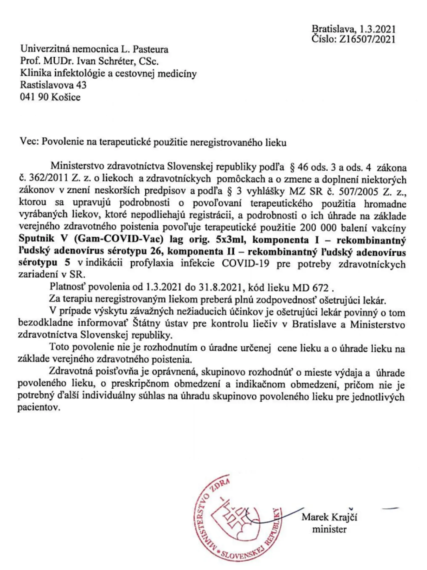 Povolenie, ktoré podpísal Marek Krajčí.