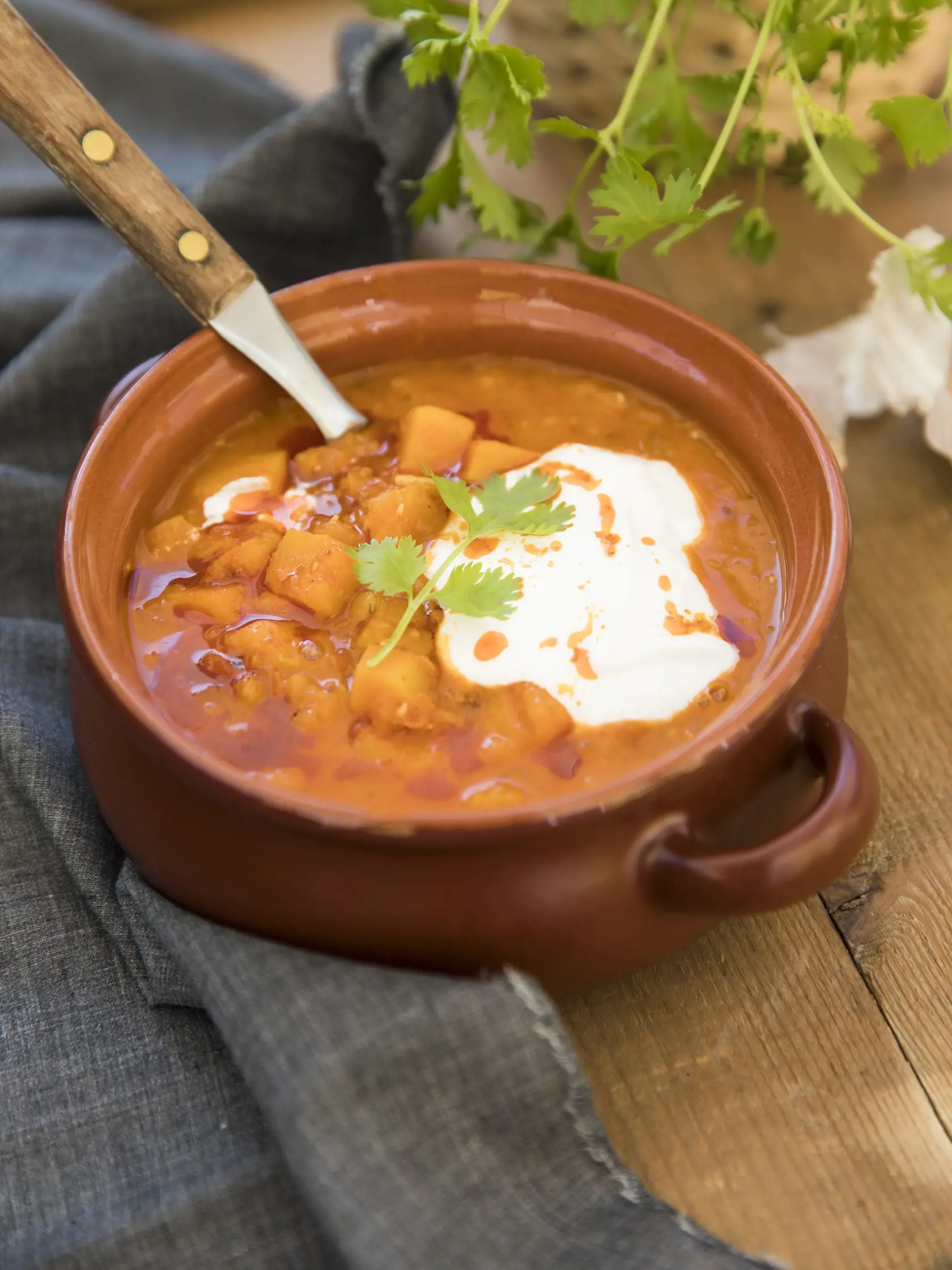 vegetariansky guláš z maslovej tekvice a červenej šošovice

recept:
6 PORCIÍ, PRÍPRAVA 10 MINÚT,
VARENIE 45 MINÚT
• 1 malá maslová tekvica
(alebo hokkaido) • 200-300g
cibule • 3 strúčiky cesnaku
• mletá údená červená
paprika, mletá rímska rasca
• 3 lyžice červenej šošovice
• zeleninový vývar • čerstvá
alebo mletá sušená čili
paprička • soľ, mleté čierne
korenie • olej
NA SERVÍROVANIE:
• kyslá smotana
• koriandrová vňať
1. Na tuku osmažte do zlatohneda
očistenú cibuľu
pokrájanú na drobno.
Pridajt
