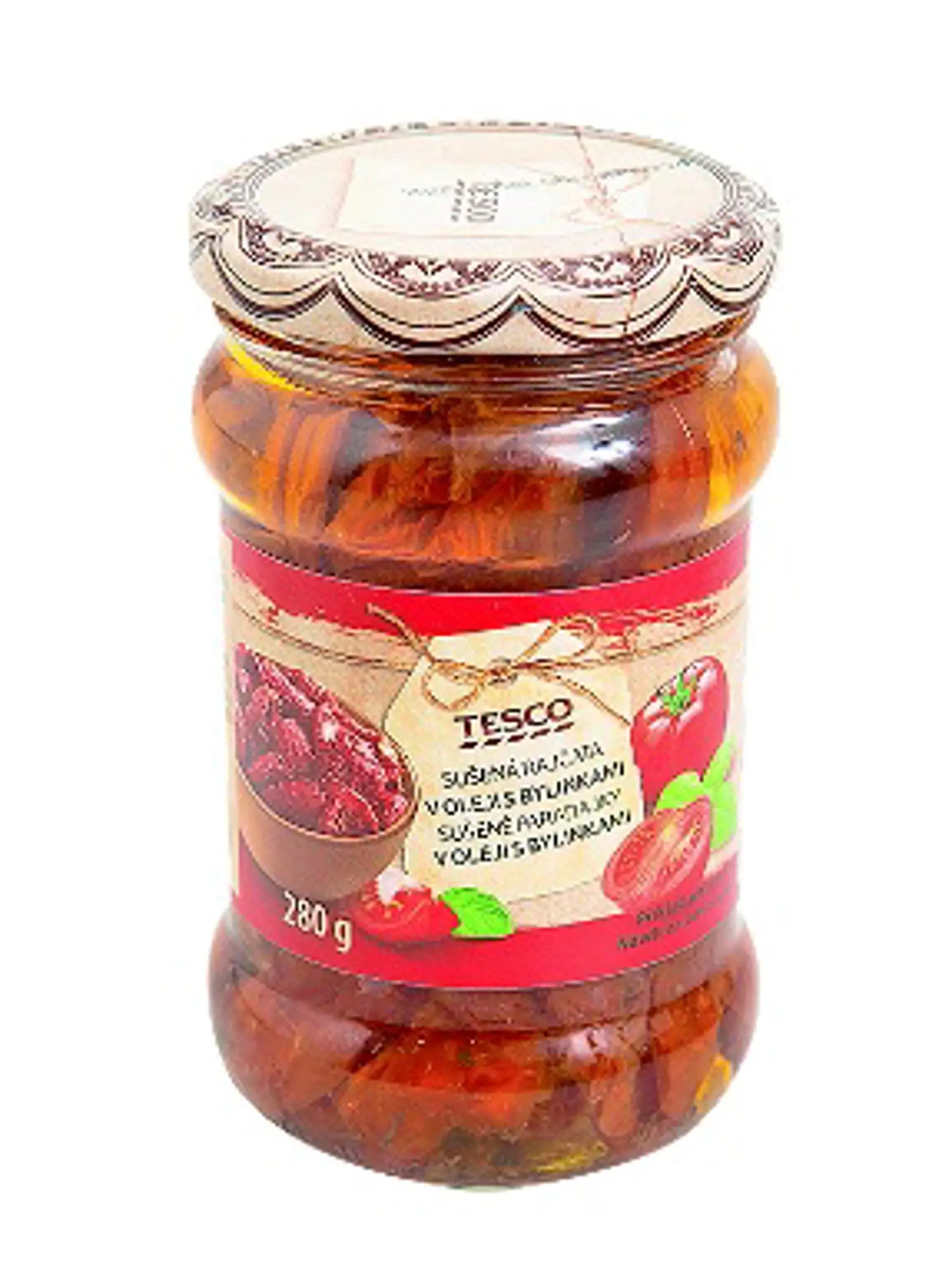 Sušené paradajky v oleji s bylinkami
Tesco, 280 g/ 155 g
Predáva/ Tesco Krajina pôvodu/ Turecko, Poľsko
Zloženie/ sušené paradajky 55 %, repkový olej, bylinky 0,2 %, jedlá soľ
Energia v 100 g pevného podielu/ 655 kJ Tuky/ 11 g Sacharidy/ 8,4 g Bielkoviny/ 3,3 g Soľ/ 2,3 g 
Redakcia hodnotí: Oranžovo-hnedasté, stredne veľké paradajky majú silnú bylinkovú arómu. Z porovnávaných paradajok majú najviac dužiny, ktorá je príliš mäkká, šupka je scvrknutá, akoby ani nebola. Tieto paradajky sú najme