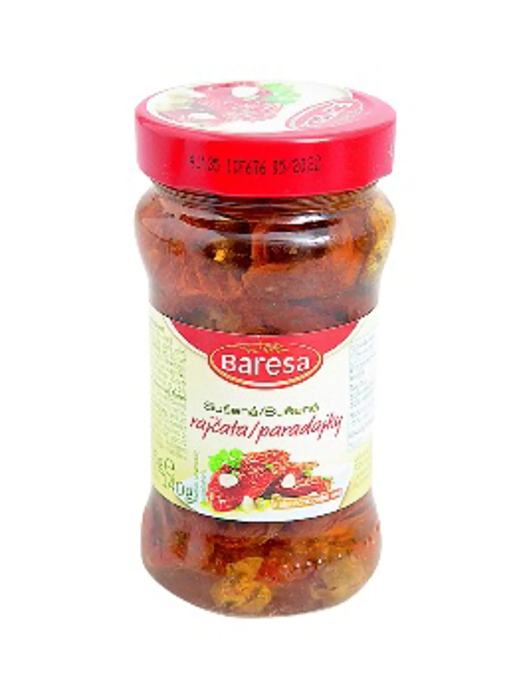 Sušené paradajky v slnečnicovom oleji
Baresa, 285 g/ 140 g
Predáva/ Lidl Krajina pôvodu/ neuvedená
Zloženie/ sušené paradajky 45 %, slnečnicový olej 45 %, olivový olej 5 %, kapary, koreniny, cesnak, vínny ocot, jedlá soľ, cukor, kyselina mliečna, antioxidant: kyselina askorbová
Energia v 100 g / 674 kJ Tuky/ 11,9 g Sacharidy/ 7 g Bielkoviny/ 3 g Soľ/ 2,72 g 
Redakcia hodnotí: Veľké tmavooranžové paradajky majú jemne kyslastú vôňu. Oproti ostatným trom výrobkom sa zdajú mäkšie a trocha viac 
