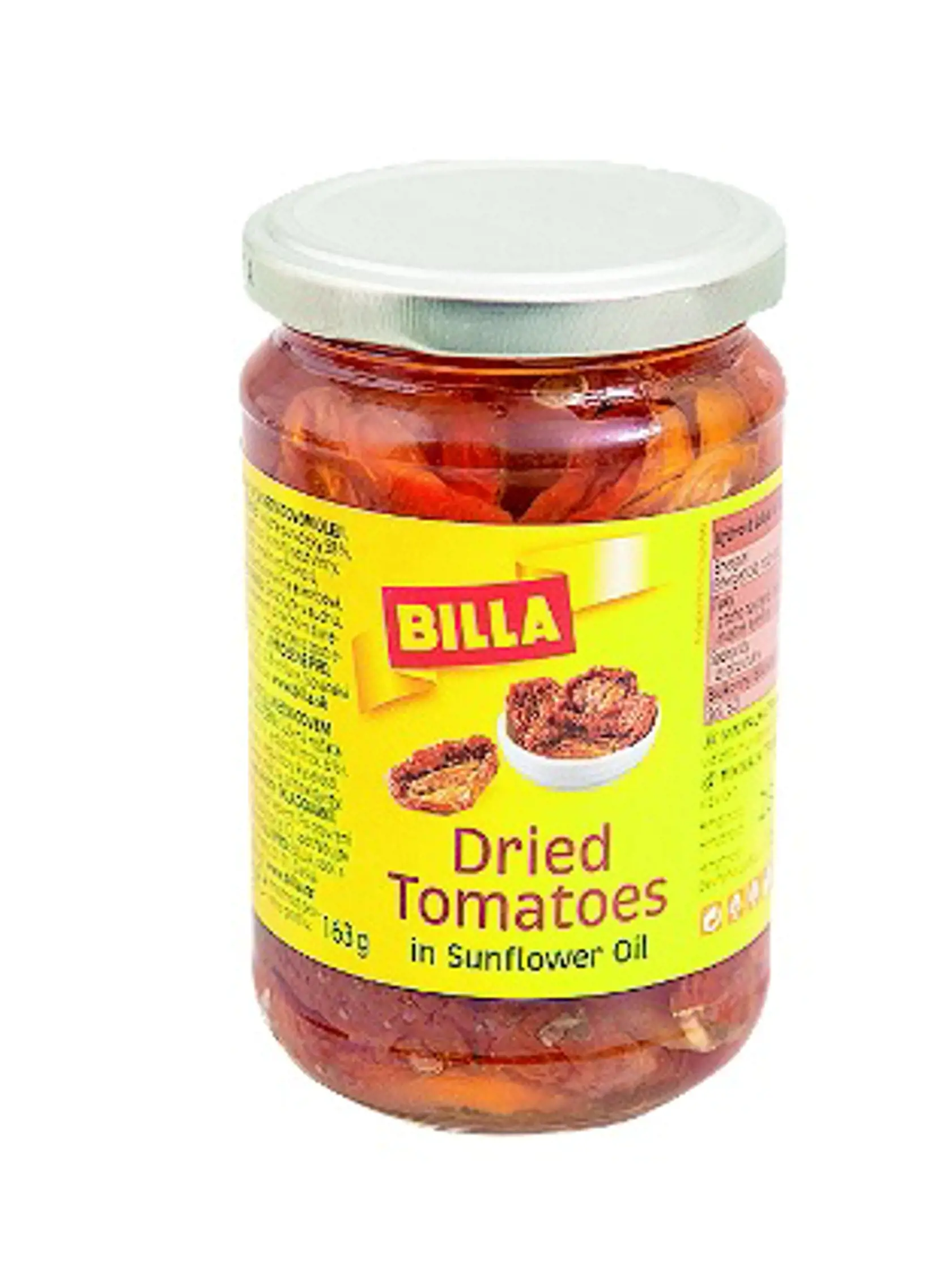 Top! Víťaz - Sušené paradajky v slnečnicovom oleji
Billa, 280 g/ 160 g
Predáva/ Billa Krajina pôvodu/ Taliansko
Zloženie/ sušené paradajky 58 %, slnečnicový olej 29,3 %, jedlá soľ, kvasný vínny ocot, oregano, regulátory kyslosti: kyselina citrónová, kyselina mliečna; antioxidanty: kyselina askorbová, oxid siričitý
Energia v 100 g / 1 162 kJ Tuky/ 23 g Sacharidy/ 13 g Bielkoviny/ 4,5 g Soľ/ 6,2 g 
Redakcia hodnotí: Červeno-oranžové, veľké paradajky majú sviežu paradajkovú vôňu. Pevnejšia šup