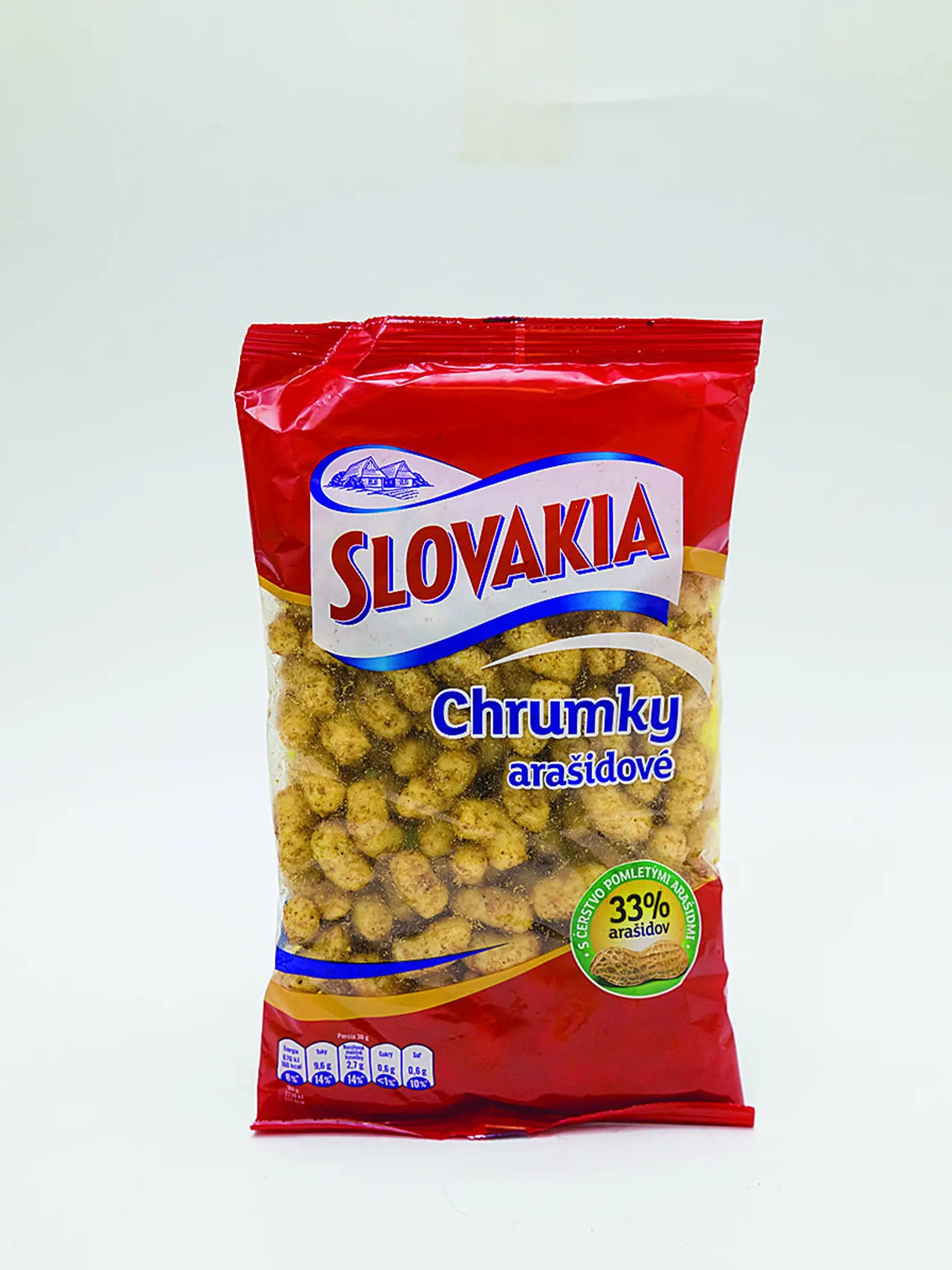 Chrumky arašidové
Slovakia, 90 g
Krajina pôvodu/ Česko
Zloženie/ kukuričná krupica 50 %, pražené mleté arašidy 33 %, palmový olej, jedlá soľ
Energia v 100 g/ 2 230 kJ Bielkoviny/ 14,2 g Sacharidy/ 47 g Tuky/ 32 g Soľ/ 1,95 g
Redakcia hodnotí: Najtvrdšie a najslanšie chrumky sú veľké, obalené vrstvou nahrubo pomletých arašidov. V porovnaní s ostatnými chrumkami sa zdajú mastnejšie a oveľa slanšie, arašidy príliš silno opražené. Celková chuť je výrazná, niekomu môže prekážať, že chrumky sú na