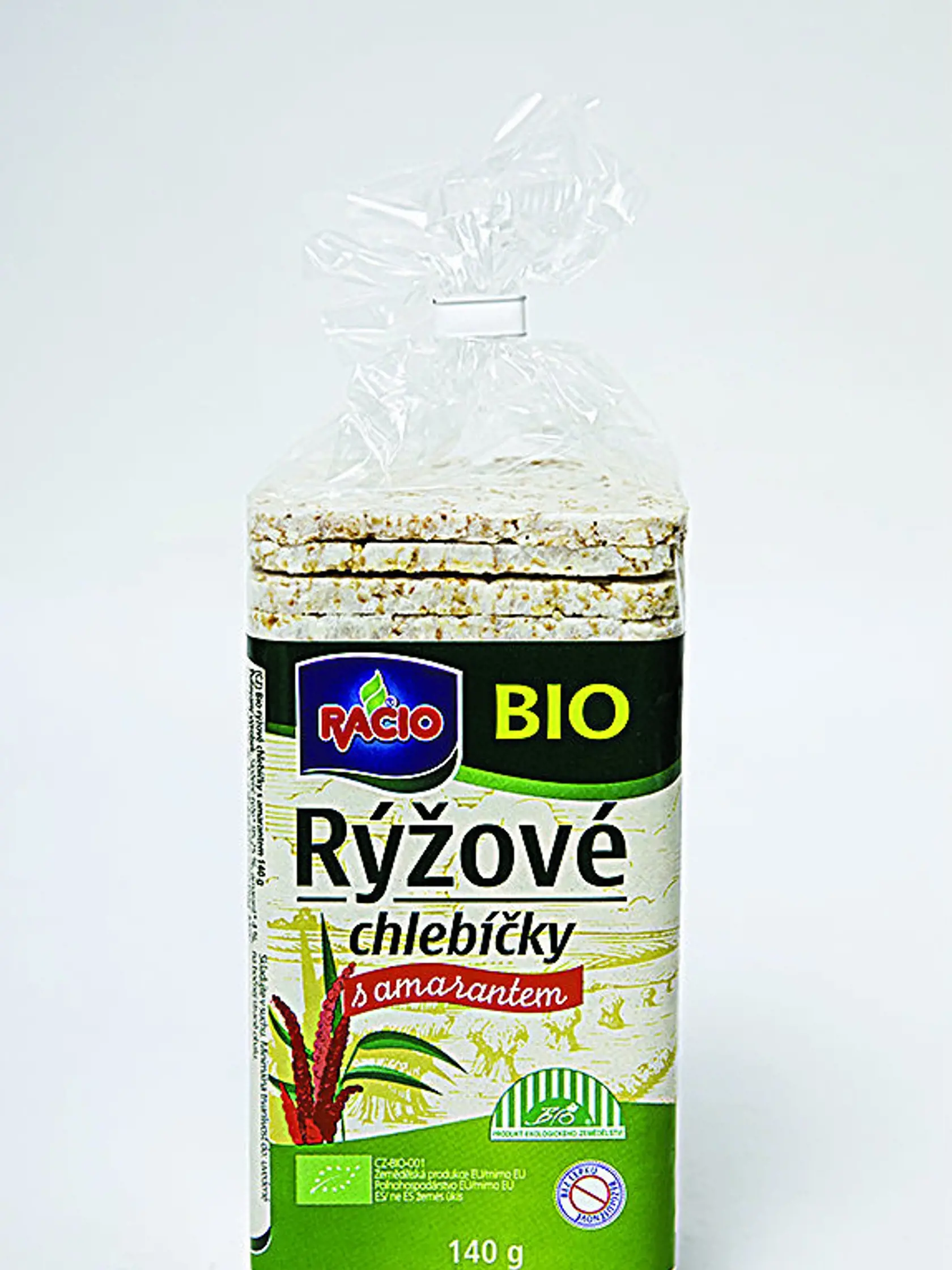 Bio Ryžové chlebíčky s amarantom Racio, 140 g Cena za 100 g/ 1,06 € Krajina pôvodu/ Česko Zloženie/ bioryža 95,25 %, bioamarant 4 %, morská soľ 0,75 % Energia v 100 g/ 1 607 kJ Bielkoviny/ 8,4 g Sacharidy/78 g Tuky/ 3 g Soľ/ 0,75 g REDAKCIA HODNOTÍ: Štvorcové chlebíčky v biokvalite s prídavkom amarantu sú tenké a majú dobrú, hustú štruktúru, nedrobia sa. Chuťovo sú skvelé – jemné, chrumkavé, troška osolené morskou soľou, ale iba do tej miery, aby sa dali konzumovať aj nasladko 
