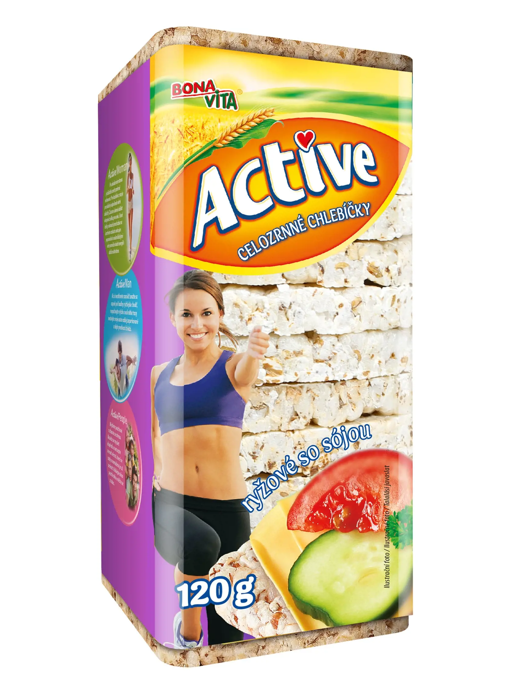 Active Celozrnné chlebíčky ryžové Bonavita, 120 g Krajina pôvodu/ Česko Zloženie/ ryža 99,6 %, soľ 0,35 %, emulgátor: sójový lecitín Energia v 100 g/ 1 606 kJ Bielkoviny/ 7,1 g Sacharidy/ 84 g Tuky/ 1,2 g Soľ/ 0,35 g REDAKCIA HODNOTÍ: Hrubé štvorcové chlebíčky z čistej ryže sú pevne zlisované, nedrobia sa. Chuťovo sú výborné, krásne chrumkavé a iba jemne prisolené, vhodné na sladkú i na slanú úpravu. Z testovaných chlebíčkov majú najnižší obsah tuku i energie 