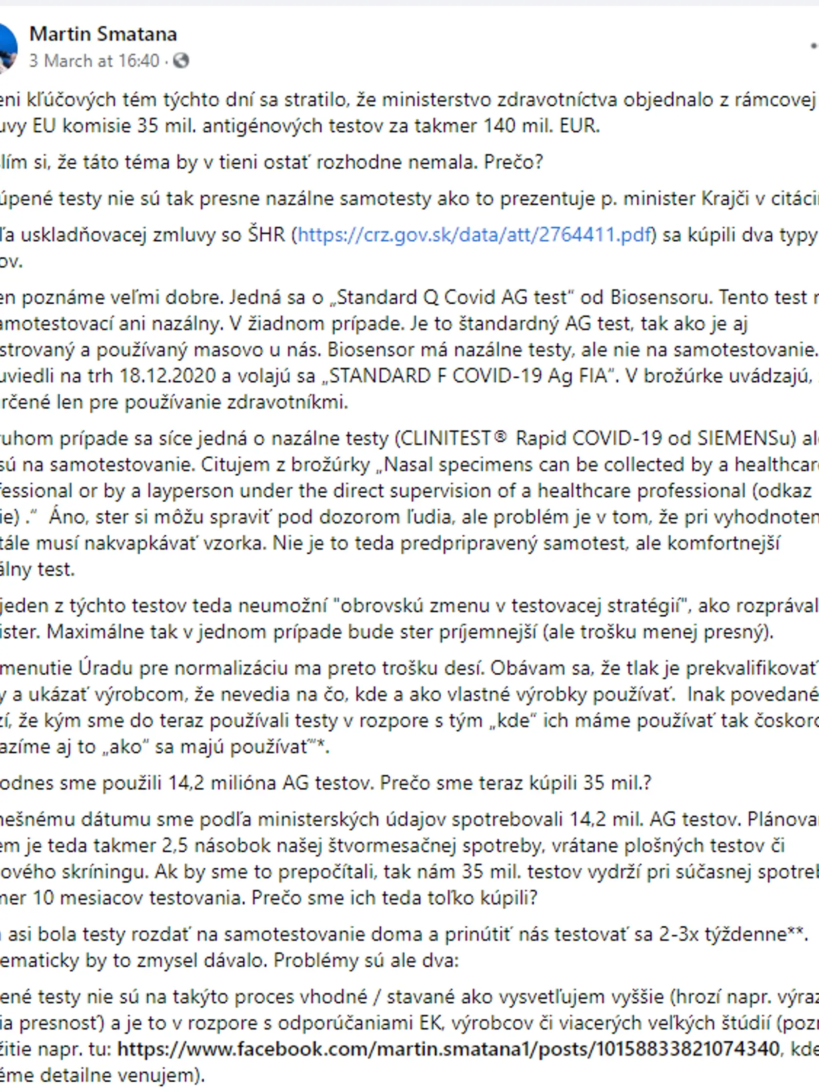 Martin Smatana vysvetľuje problémový nákup antigénových testov.