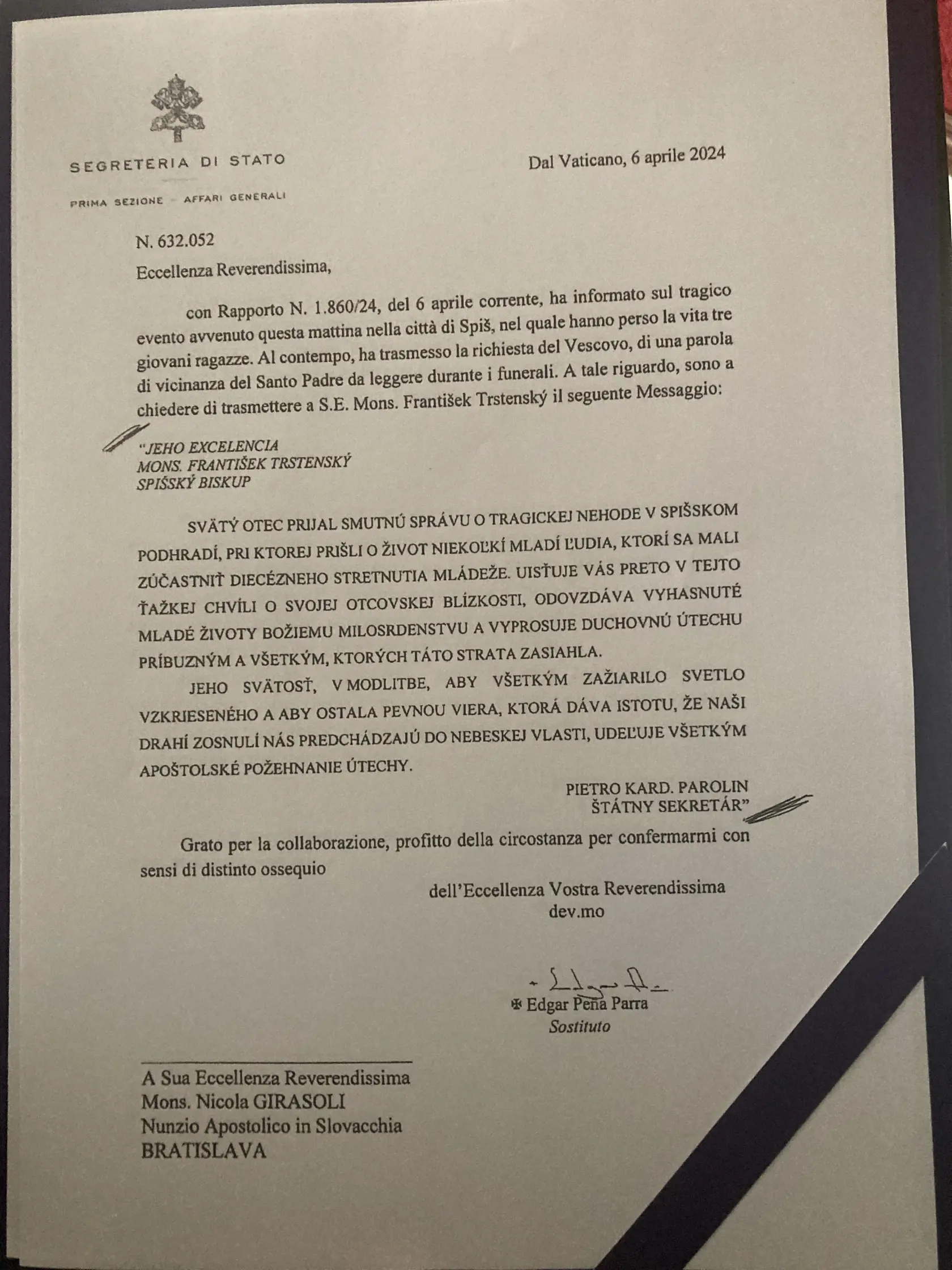 Kondolencia od pápeža.