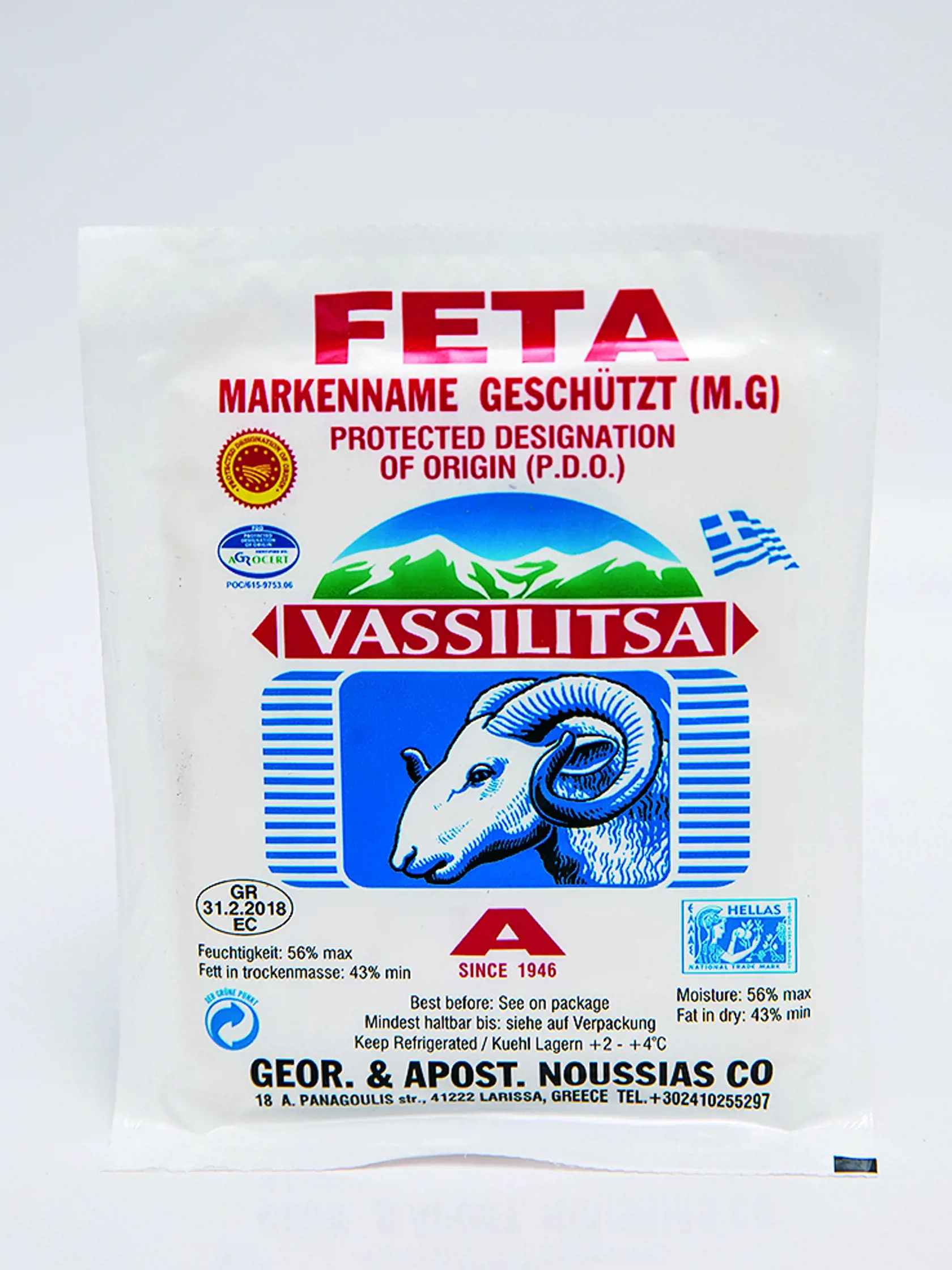 Feta Vassilitsa Geor. & Apost. Noussias Co, 200 g Cena za 100 g: 2 € Krajina pôvodu/ Grécko Zloženie/ pasterizované ovčie a kozie mlieko, jedlá soľ, syridlo Nutričné hodnoty: neuvedené. REDAKCIA HODNOTÍ: Biely syr má príjemnú mliečnu arómu, tuhú konzistenciu a pórovitú textúru. Okolo sa oddelilo trocha srvátky. Chuťovo je veľmi dobrý, výrazne smotanový, mierne kyslastý a primerane slaný, ale málo šťavnatý. Zo štvorice ochutnávaných syrov je najsuchší, čo cítiť aj pri drobení do šalátu.