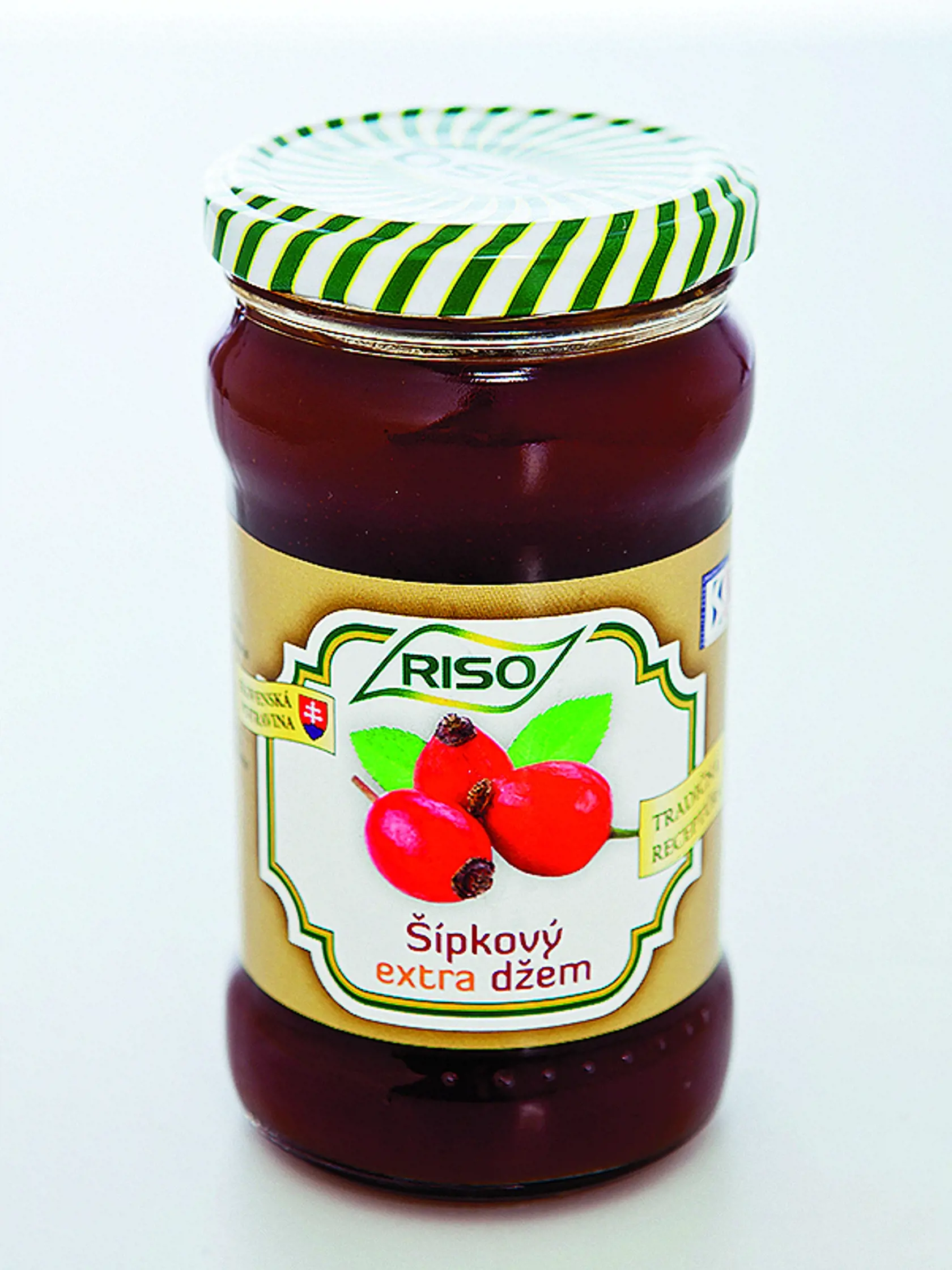 ŠÍPKOVÝ EXTRA DŽEM RISO, 350 g 
Krajina pôvodu Slovensko. Zloženie: šípková dreň 54 %, cukor, regulátor kyslosti: kyselina citrónová, želírujúca látka: pektín. Energia v 100 g:/ 1 170,5 kJ Sacharidy/ 70,05 g, z toho cukry/ 63,2 g 
REDAKCIA HODNOTÍ: Najtmavší z porovnávaných džemov pekne vonia. Konzistencia je stredne hustá, textúra hladká, dôkladne prepasírovaná. Chuť je veľmi dobrá, no príliš sladká, s kyslastou dochuťou na záver. Džem má druhý najvyšší podiel šípok, ale aj najviac cukru a en