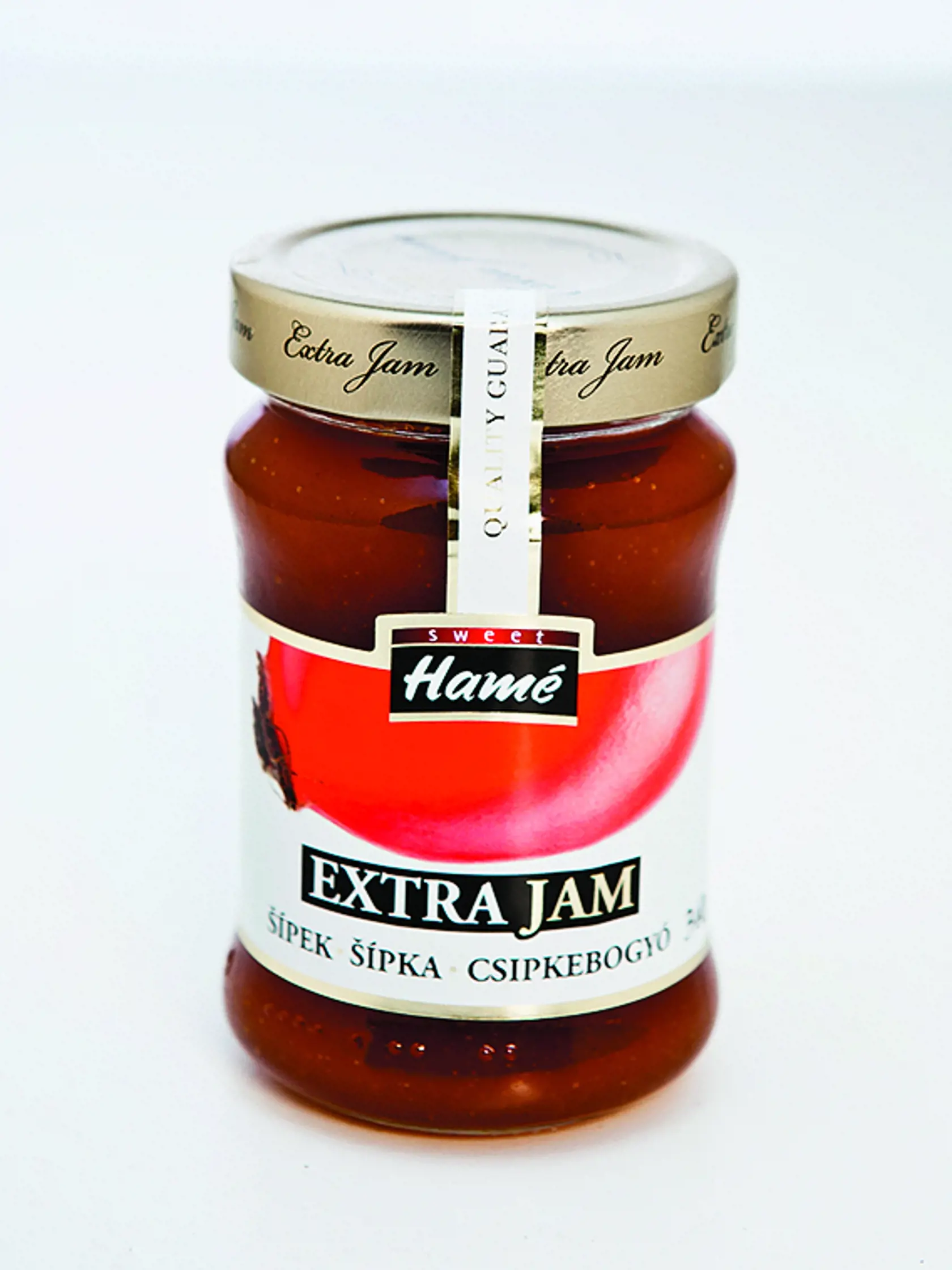 EXTRA JAM ŠÍPKA HAMÉ, 340 g 
Krajina pôvodu Česko. Zloženie: cukor, šípky 45 %, želírujúca látka: pektín, regulátor kyslosti: kyselina citrónová, antioxidant: kyselina askorbová. Energia v 100 g/ 1 028 kJ Sacharidy/ 60 g, z toho cukry/ 58,4 g
REDAKCIA HODNOTÍ:  Najsvetlejší džem má prirodzenú jasno oranžovú farbu a príjemnú vôňu. Je stredne hustý, hladký, dobre prepasírovaný. Chuťovo je výborný, sladkokyslý, a hoci má najnižší podiel šípok, najviac v ňom vynikne ich chuť. Z ochutnávaných džemo