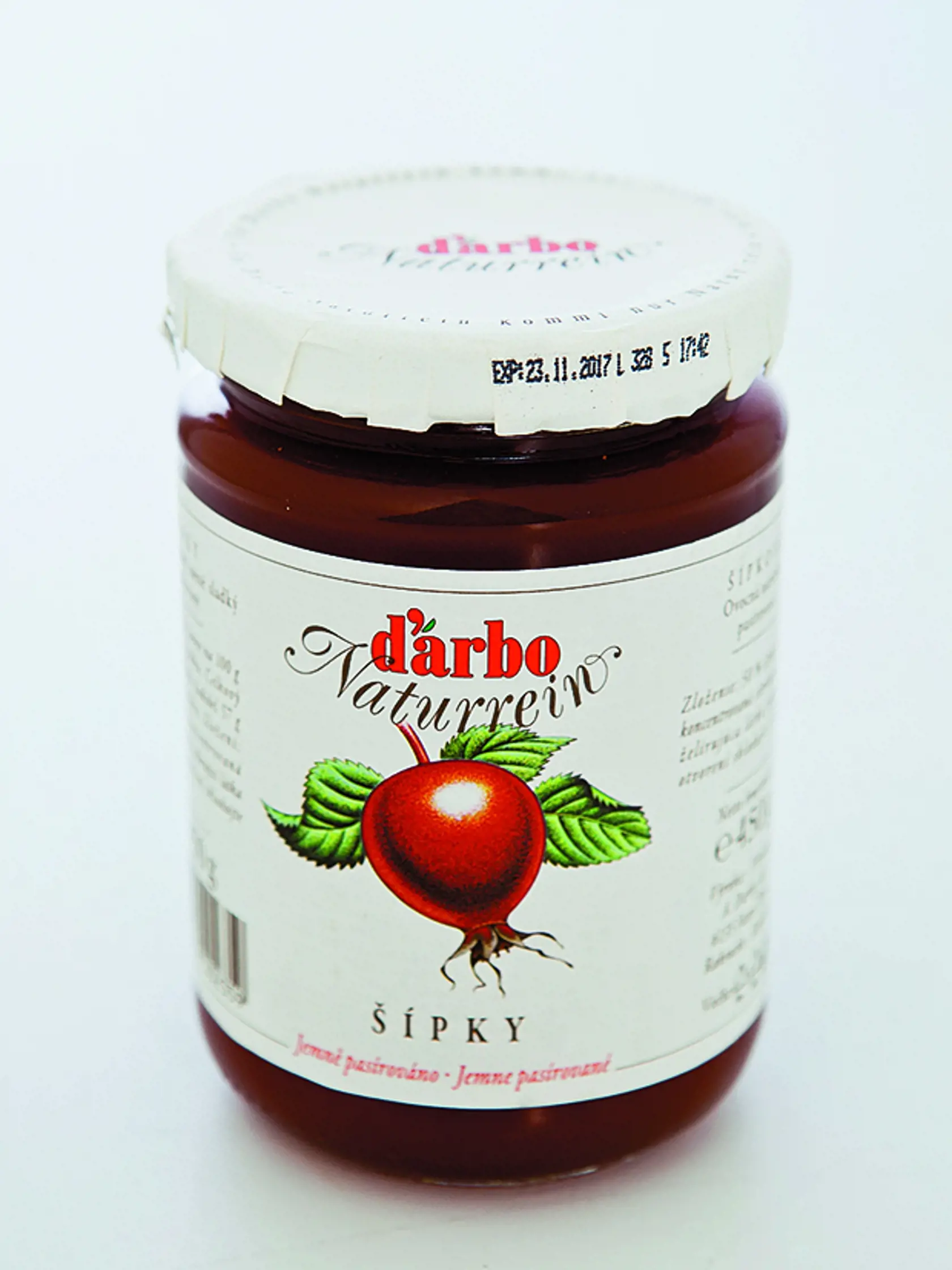 ŠÍPKY D´ARBO, 450 g 
Krajina pôvodu Rakúsko. Zloženie:  šípky 50 %, cukor, koncentrovaná citrónová šťava, želírujúca látka: pektín. Energia v 100 g/ 965 kJ Sacharidy/ 55 g, z toho cukry/ 55 g 
REDAKCIA HODNOTÍ:  Sýto oranžový džem má výraznú ovocnú vôňu. V porovnaní s ostatnými tromi výrobkami má trocha redšiu konzistenciu, textúra je hladká, mierne želatínová. Chuť je trpkokyslá s ľahkou štipľavou dochuťou. Tento džem má druhý najnižší obsah šípok, cukru aj energie.