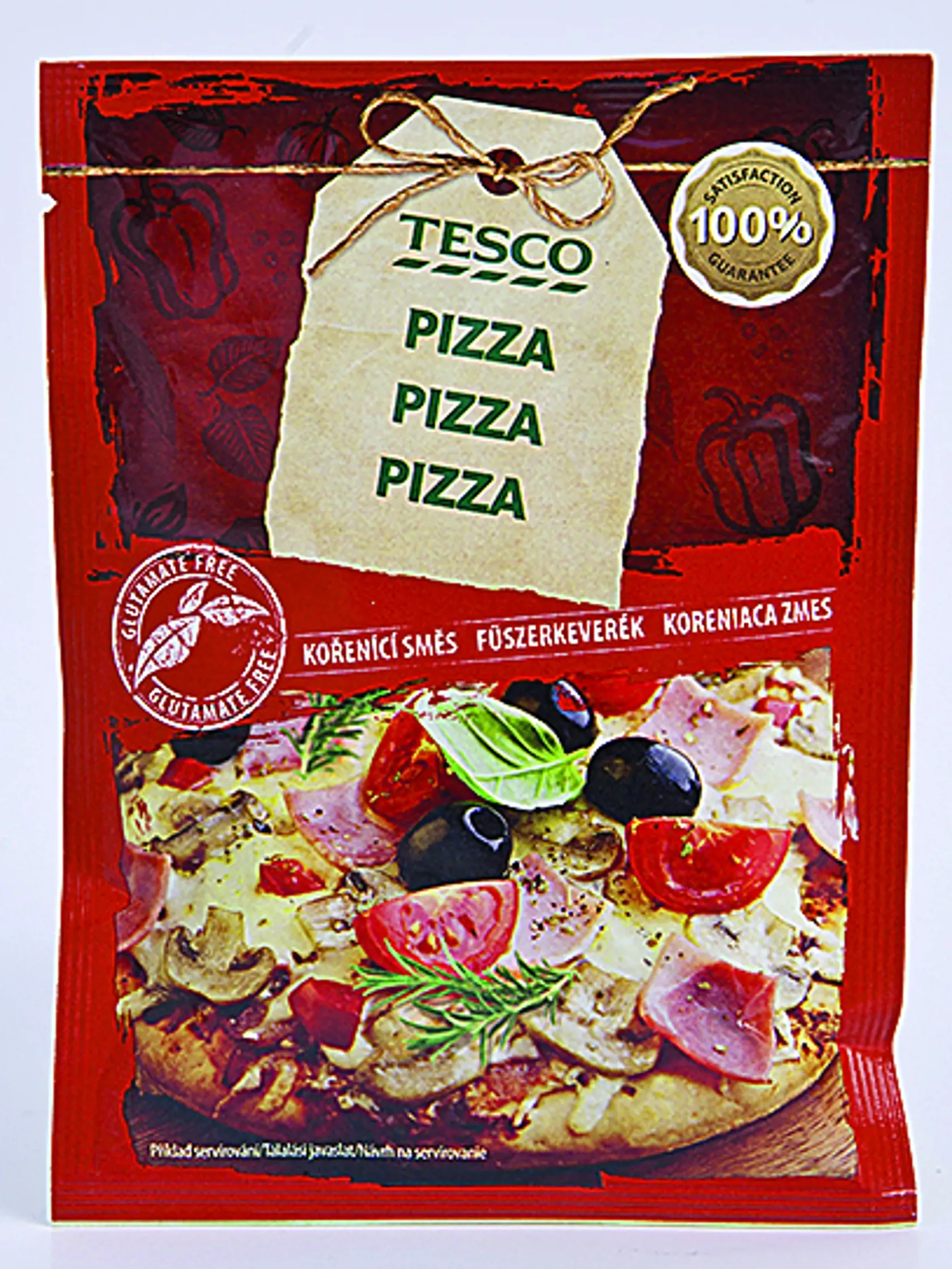 PIZZA TESCO, 13 g 
Krajina pôvodu Rakúsko. Zloženie: bazalka 55 %, oregano, rozmarín 18 %, tymian, petržlenová vňať, ligurček, šalvia Nutričné hodnoty/ neuvedené.

REDAKCIA HODNOTÍ: V tejto koreniacej zmesi prevláda aróma bazalky, ktorá tvorí viac ako polovicu obsahu. Bylinky sú po usušení svetlejšie, posekané na hrubšie, ale dostatočne voňavé. Chuťovo aj aromaticky dobrá zmes, no príliš bazalková a niektoré ingrediencie v nej chýbajú, napríklad čierne korenie a štipka cesnaku.