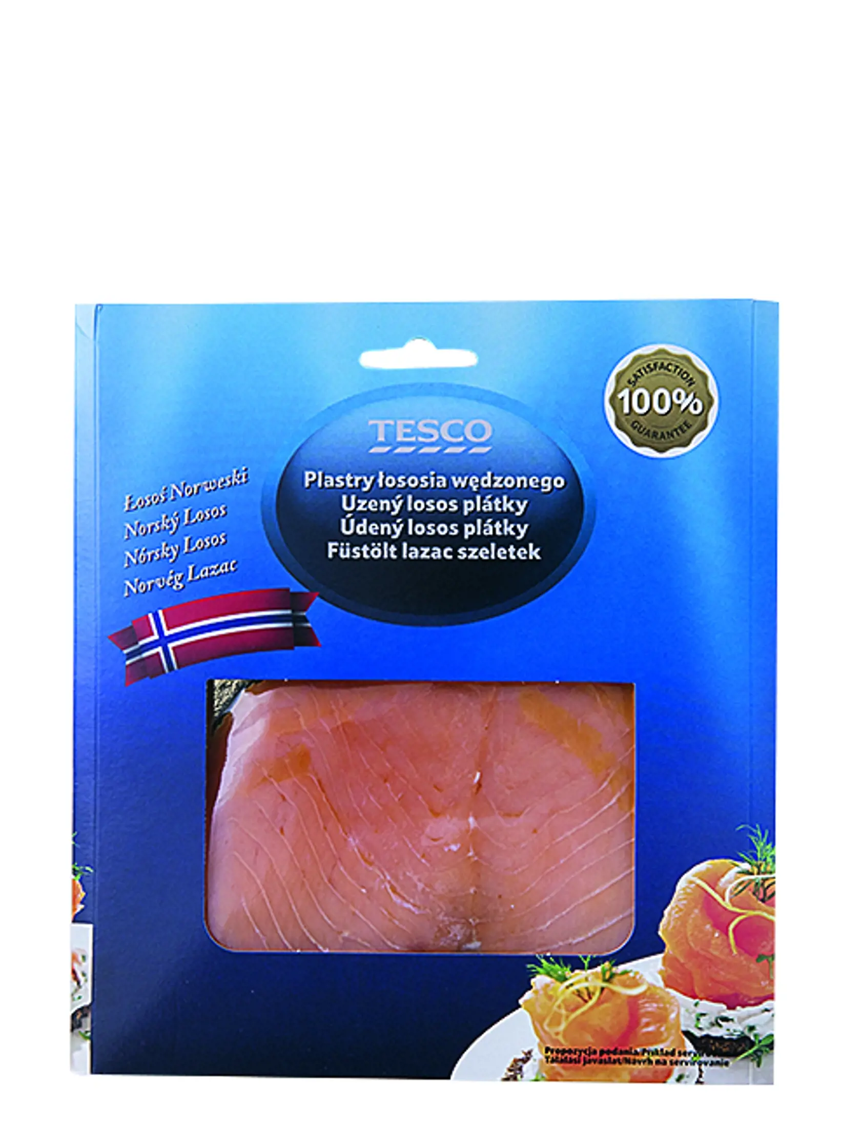 ÚDENÝ LOSOS TESCO, 100 g, krajina pôvodu Poľsko, zloženie: losos atlantický 96 %, jedlá soľ. Energia v 100 g: 810 kJ, bielkoviny: 21,4 g, tuky: 11,8 g a soľ: 3,8 g. REDAKCIA HODNOTÍ: Veľké, hrubšie plátky ryby majú peknú ružovú farbu a najsilnejšiu údenú arómu. Mäso je príliš mäkké a zlepené, plátky sa pri oddeľovaní trhajú. Losos je chuťovo veľmi dobrý, no oveľa mastnejší a slanší ako ostatné tri porovnávané výrobky.