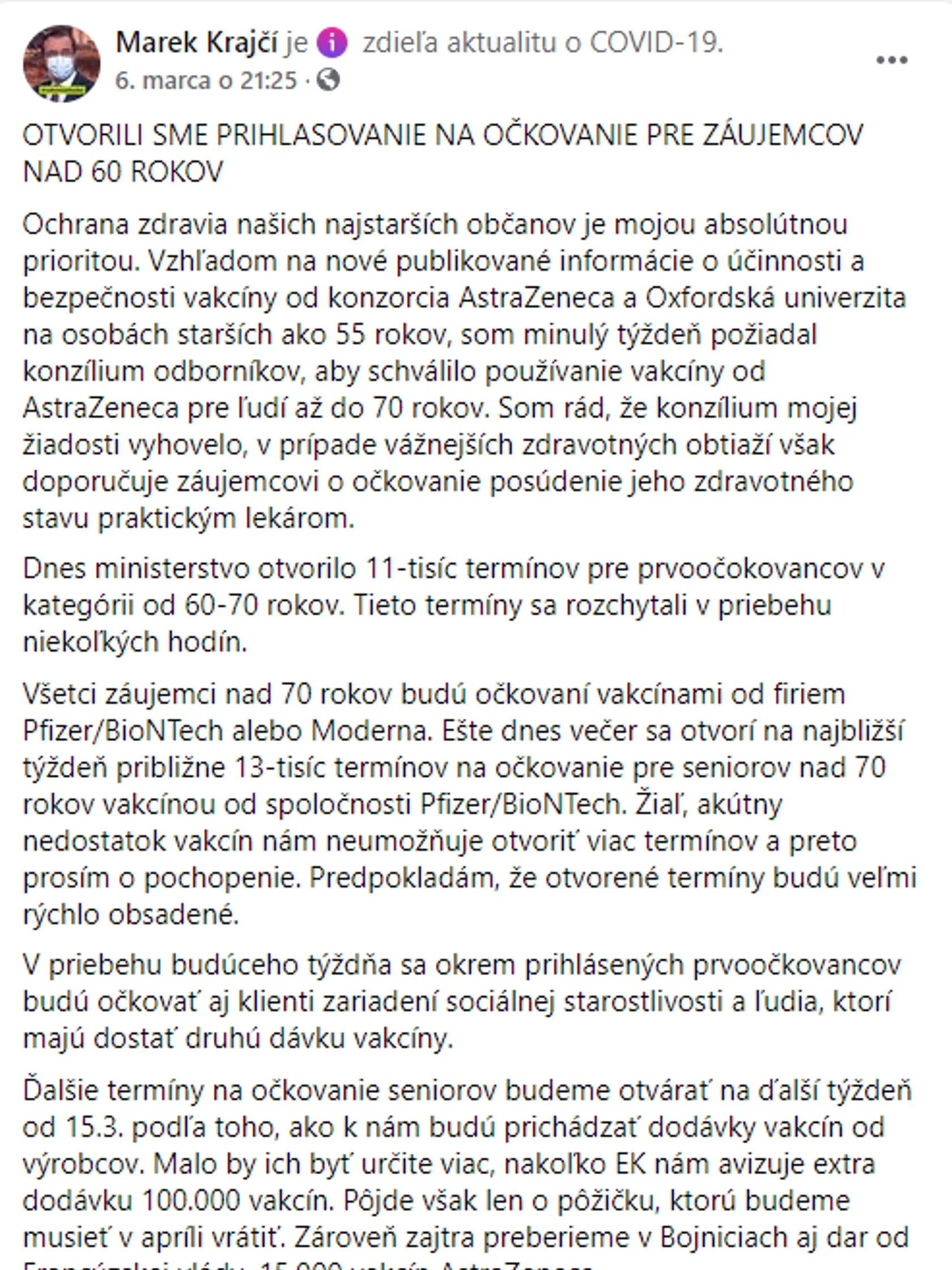 Minister o nových termínoch očkovania informoval seniorov v sobotu neskoro večer na svojom Facebooku.