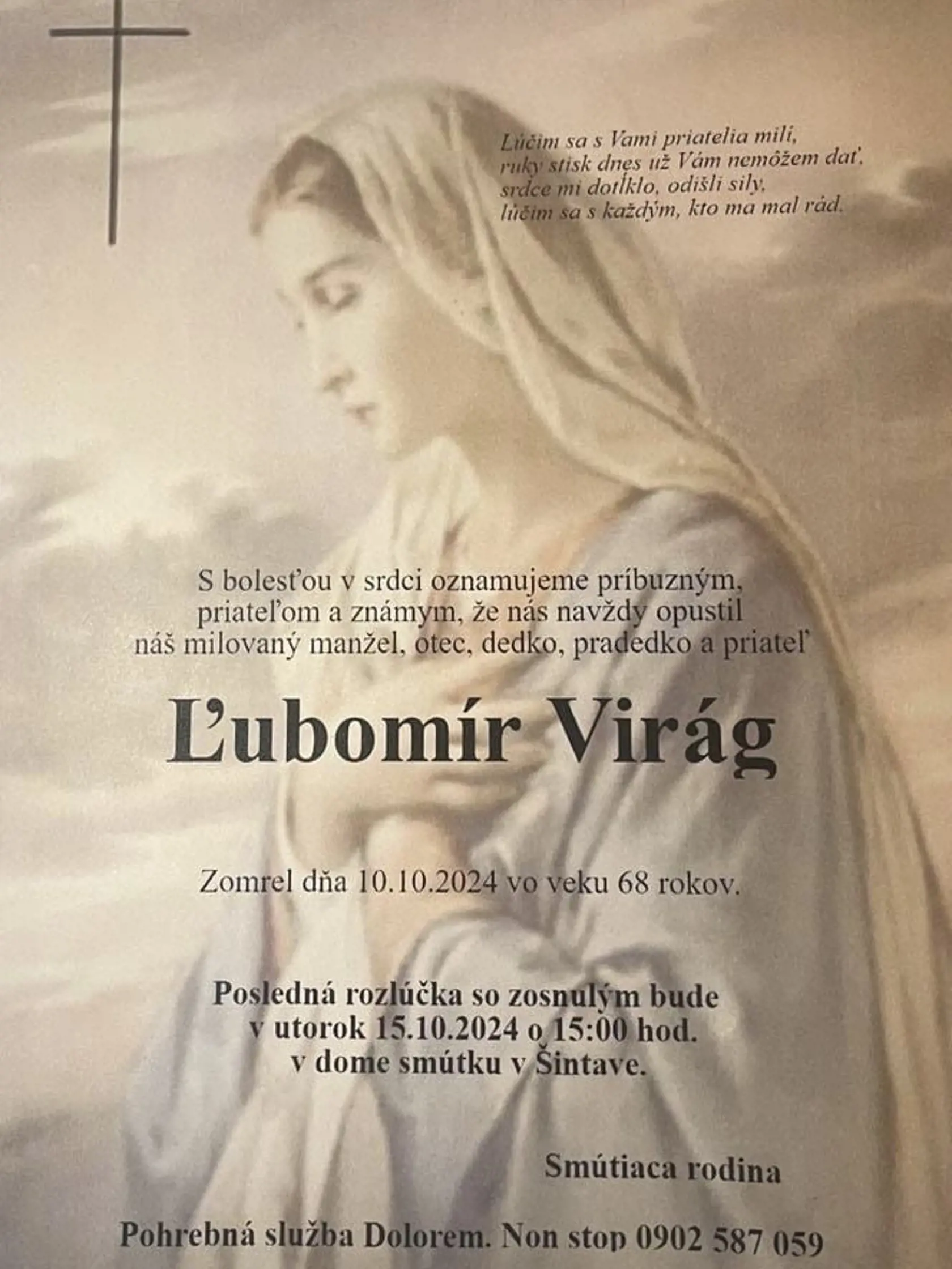 Rodina sa s Ľubom Virágom  (†68) rozlúči v utorok poobede.