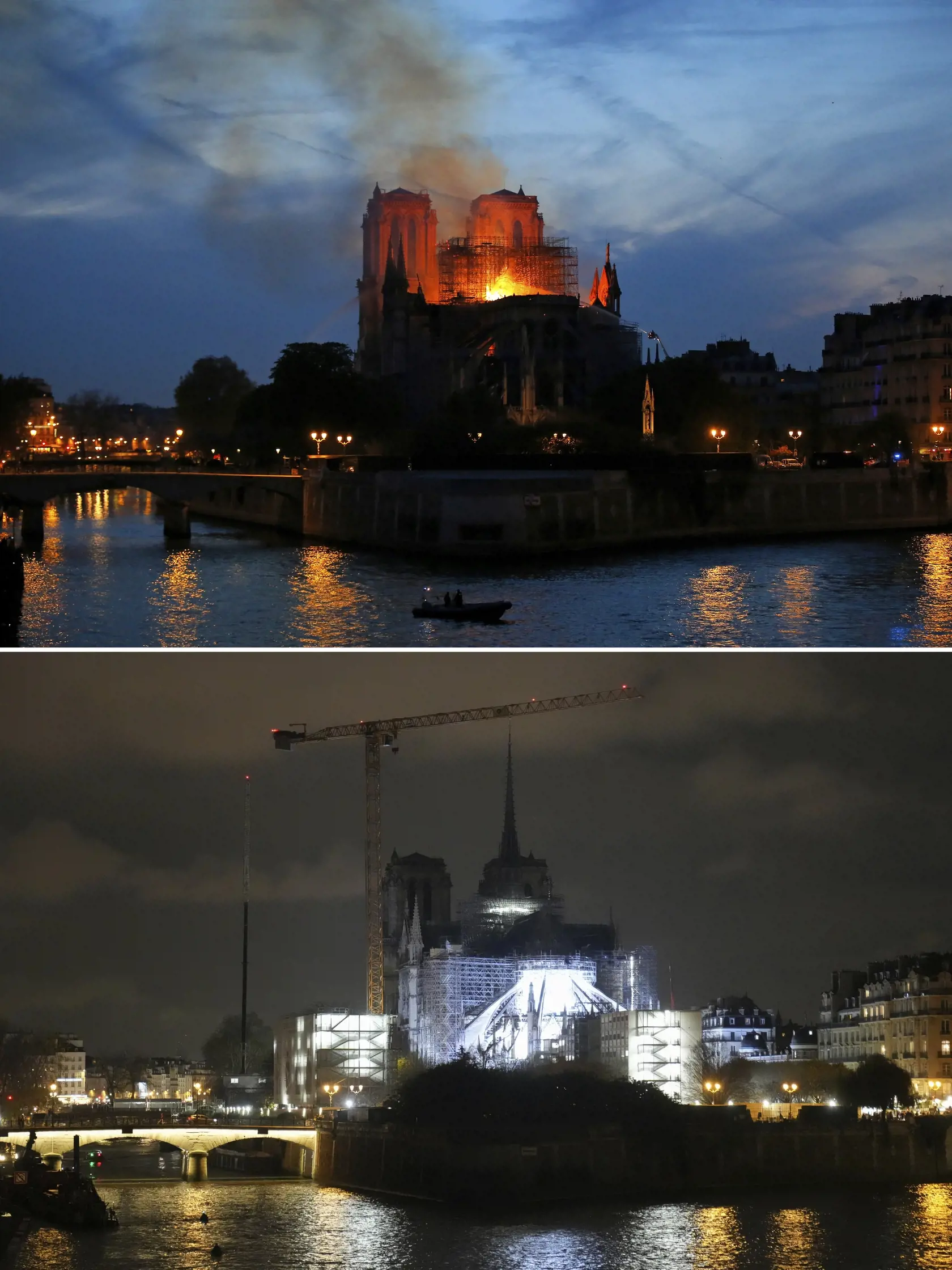 Hore dym stúpa z horiacej katedrály Notre-Dame v Paríži 16. apríla 2019 a dole katedrála Notre-Dame v Paríži po rekonštrukcii 3. decembra 2024.