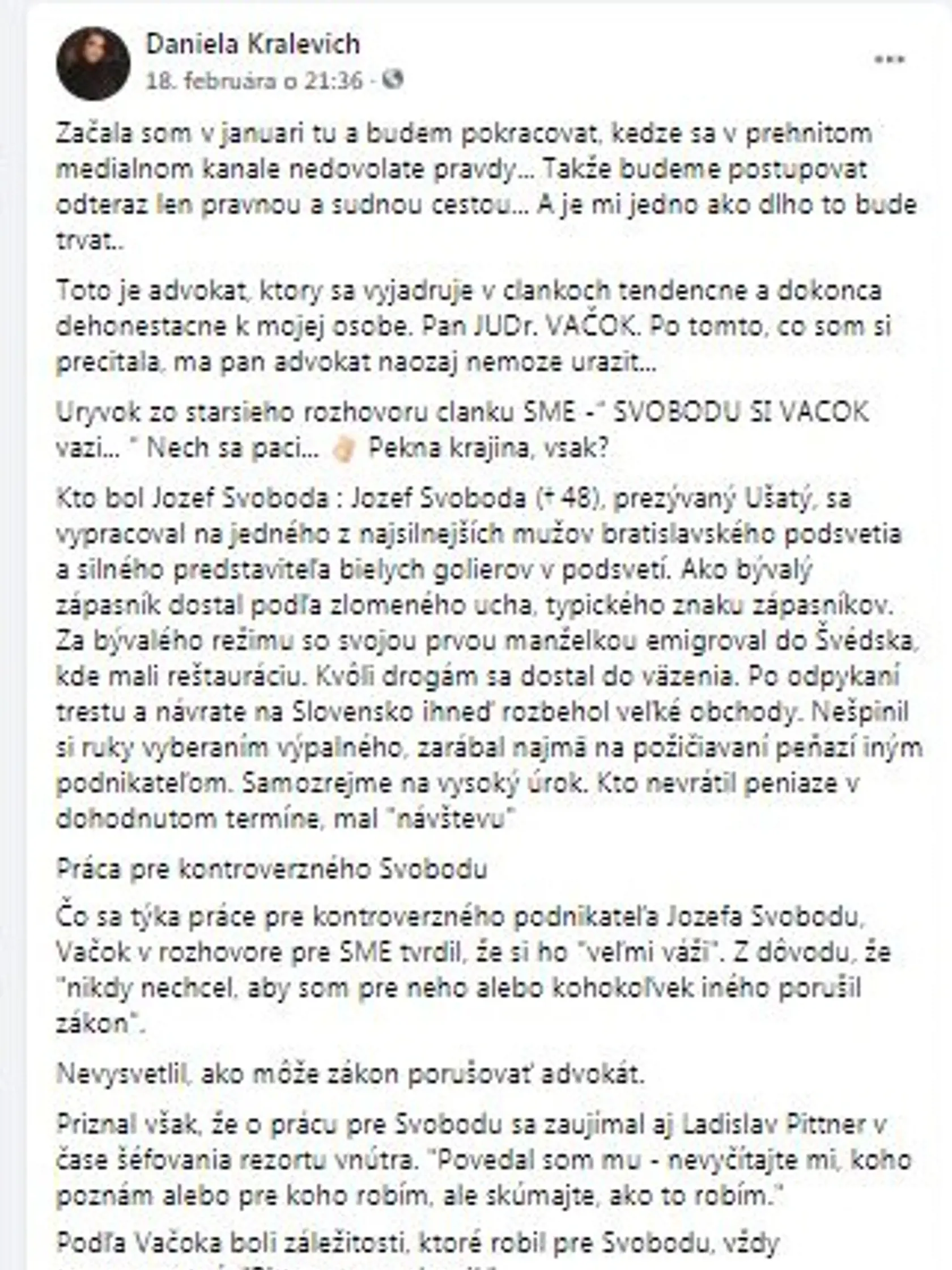 Text článku, v ktorom sú vyjadrenia Petra Vačoka na adresu niekdajšieho silného muža bratislavského podsvetia Jozefa Svobodu alias Ušatého.