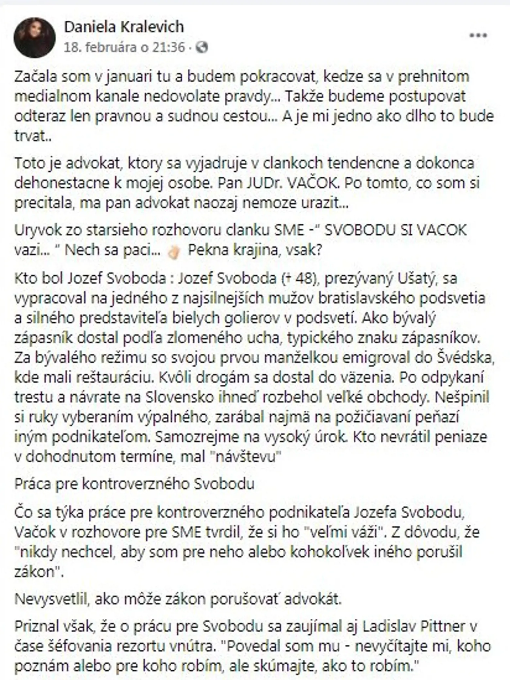 Text článku, v ktorom sú vyjadrenia Petra Vačoka na adresu niekdajšieho silného muža bratislavského podsvetia Jozefa Svobodu alias Ušatého.