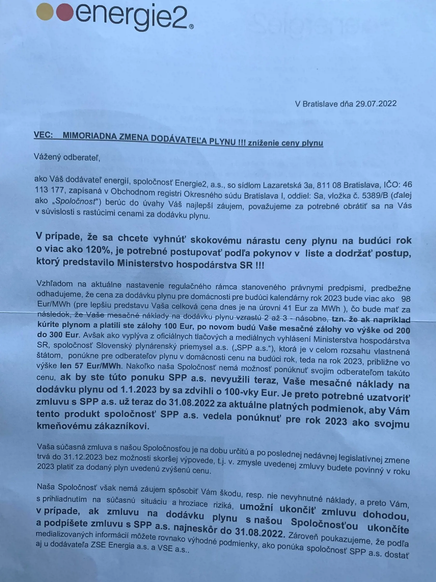 List klientom od spoločnosti Energie2