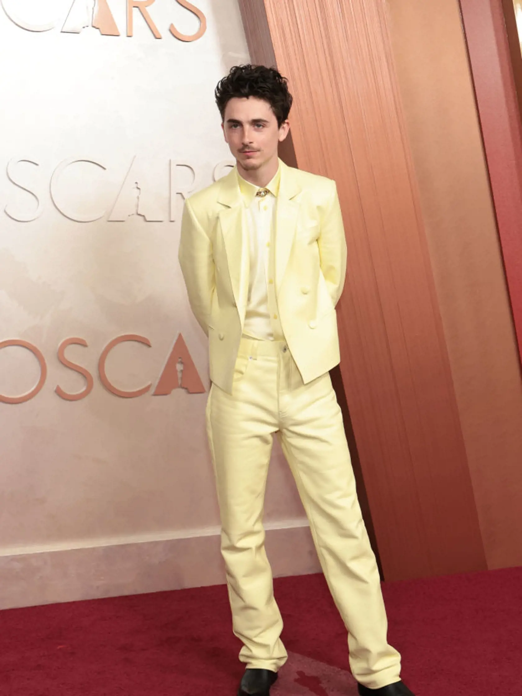 Herec Timothée Chalamet zvolil monochromatický oblek žltej farby, akoby vzlietol od slnka ako Ikaros.