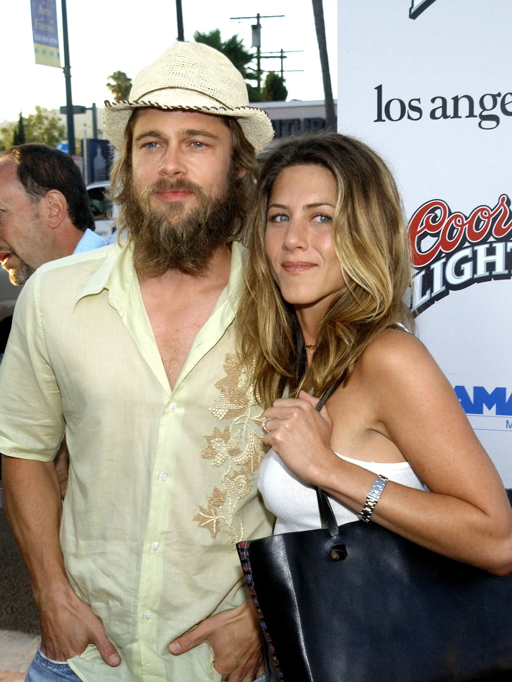 LOS ANGELES, CA - JULY 23:  Actors Brad Pitt and wife Jennifer Aniston attend the premiere of director Steven Soderbergh's new film "Full Frontal" on July 23, 2002 in Los Angeles, California.  (Photo by Vince Bucci/Getty Images)