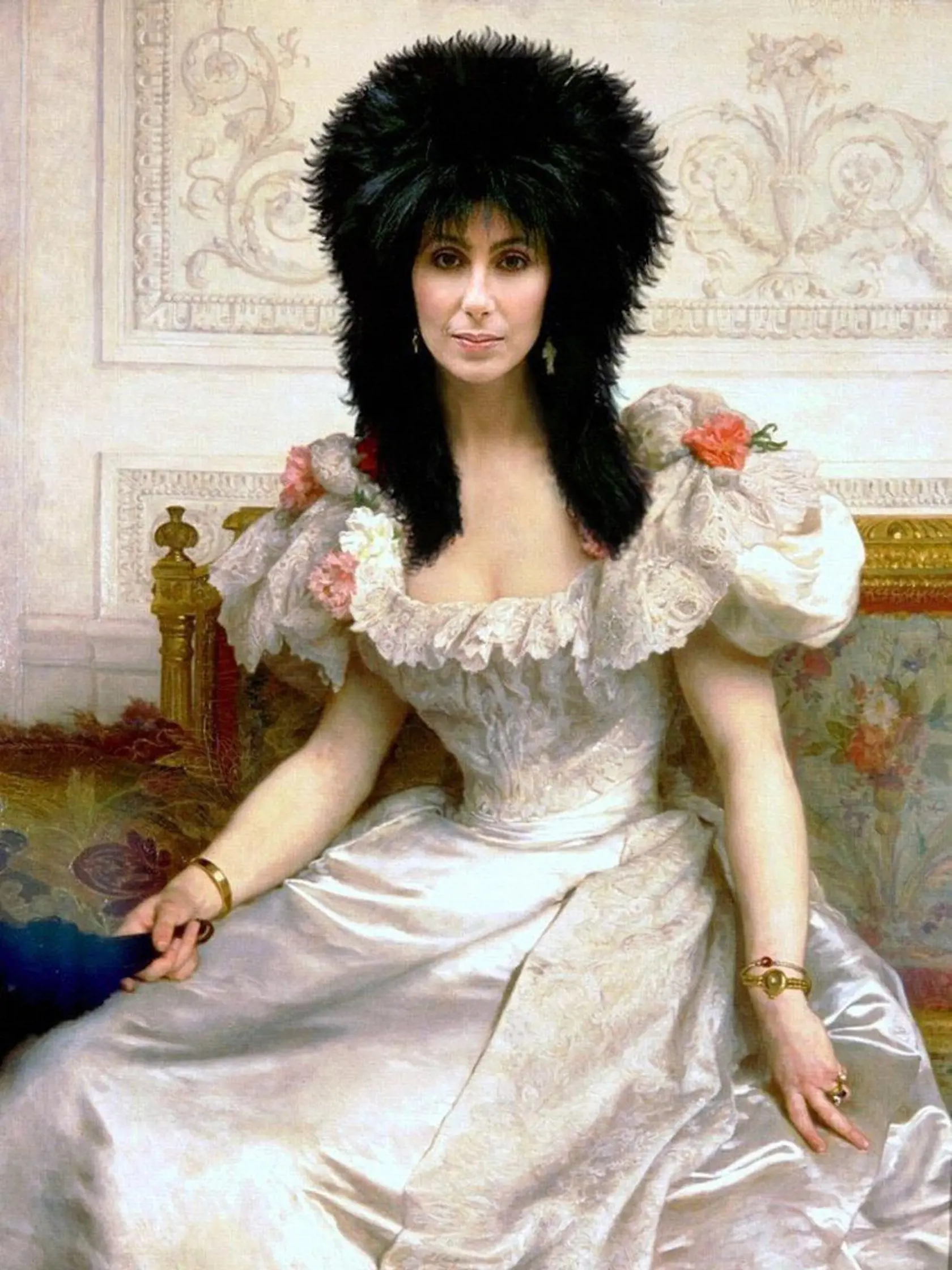 Pictured: Madame Cher,  Celebrities including Angelina Jolie, Brad Pitt and Eva Longoria Parker are given a radical makeover in these hilarious spoof Renaissance shots.   Photoshop wizards at www.WORTH1000.com  have worked their magic on a range of stars to take them back in time through art.   Portly actor John Goodman is transformed into British royal Henry VIII, while Jennifer Aniston  looks angelic as the Girl With A Pearl Earring in the Vermeer classic painting.   English rose Kate Winslet 