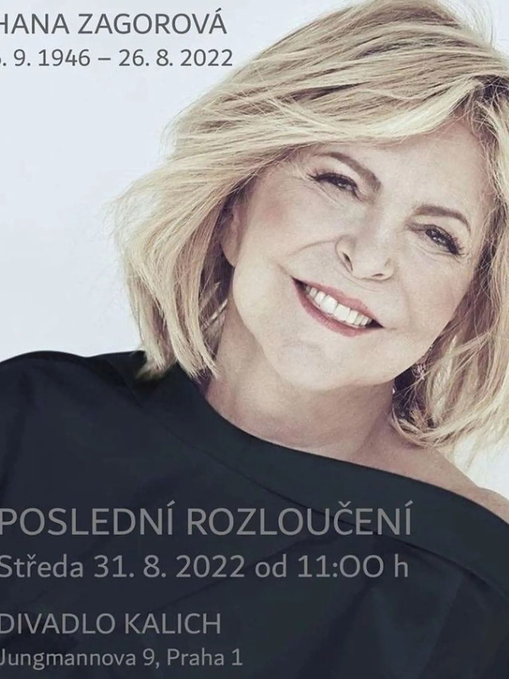 Rozlúčka s Hankou Zagorovou prebehne v stredu 31. augusta od 11. 00 hod. v Divadle Kalich.