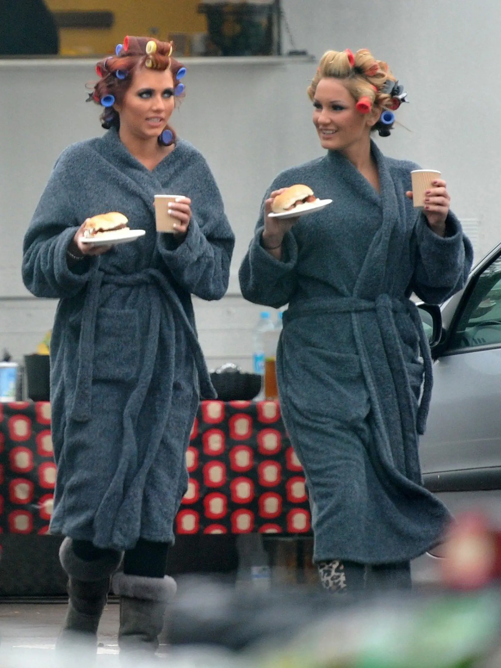 22nd February 2011. Sam Faiers and Amy Childs seen getting ready for filming the new series of "The Only Way Is Essex". Amy and Sam in robes and rollers catch a drink and a bite to eat., Image: 90709180, License: Rights-managed, Restrictions: **Exclusive **, Model Release: no, Credit line: Profimedia, Goff Photos