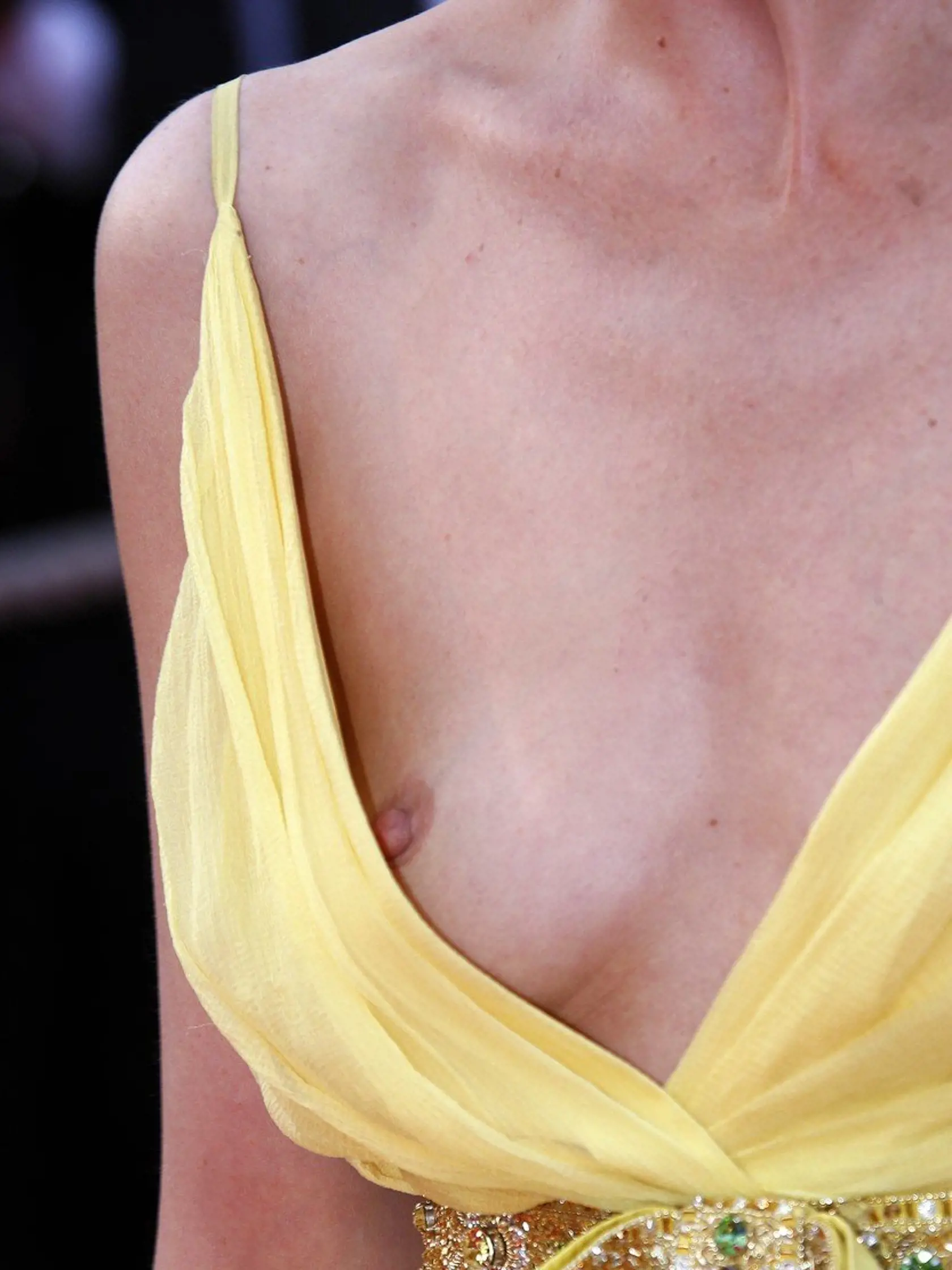 Picture taken on May 14, 2008 shows the breast of French actress Elsa Zylberstein as she poses upon arrives to attend the opening ceremony and the screening of Brazilian director Fernando Meirelles' film 'Blindness' at the 61st edition of the Cannes Film Festival in Cannes, southern France. The 61st edition of Cannes, whose jury is led by Sean Penn, has a strong Latin American contingent, with Brazil's twice Oscar-nominated Fernando Meirelles opening the festival with a philosophical thriller ti