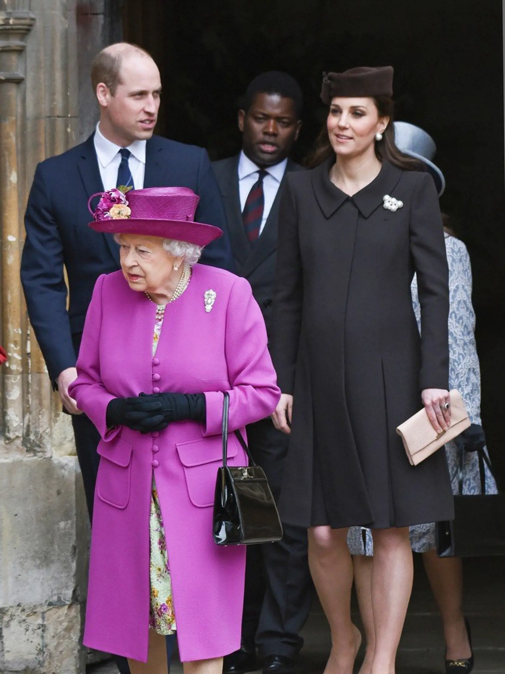 Windsor,UK: KATE MIDDLETON JOINS ROYALS FOR EASTER SERVICE The Duchess of Cambridge who is due to give birth to her third child was accompanied by Prince William to the Easter Church Service at St Georgeï¿½s Chapel, Windsor Castle. Other royals who joined Queen Elizabeth for the service were Princess Eugenie and fiance Jack Brooksbank, Princess Beatrice, Prince Andrew, Princess Anne, Prince Edward, Sophie, Countess of Wessex, Peter Phillips, Autumn Phillips, Zara Tindall, Lady Lousie Windsor and