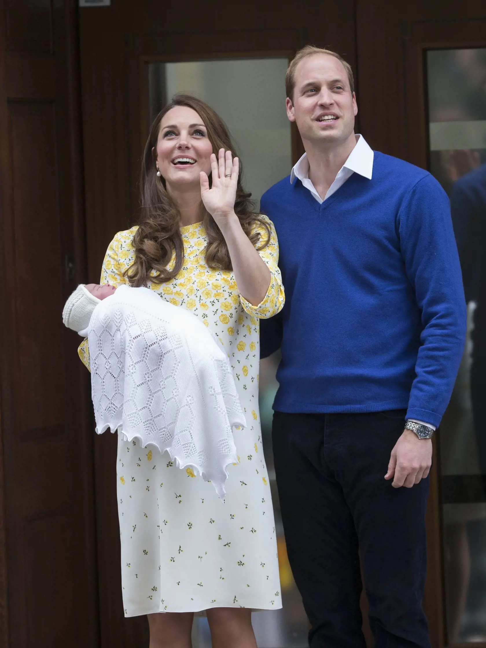 Photo by: KGC-107/STAR MAX/IPx 5/2/15 The Princess of Cambridge is seen outside the Lindo Wing of St. Mary's Hospital with her parents Prince William The Duke of Cambridge and Catherine The Duchess of Cambridge.  The Princess was born on Saturday, May 2nd, 2015 at 8:34 AM weighing 8lbs. 3oz. (London, England, UK)