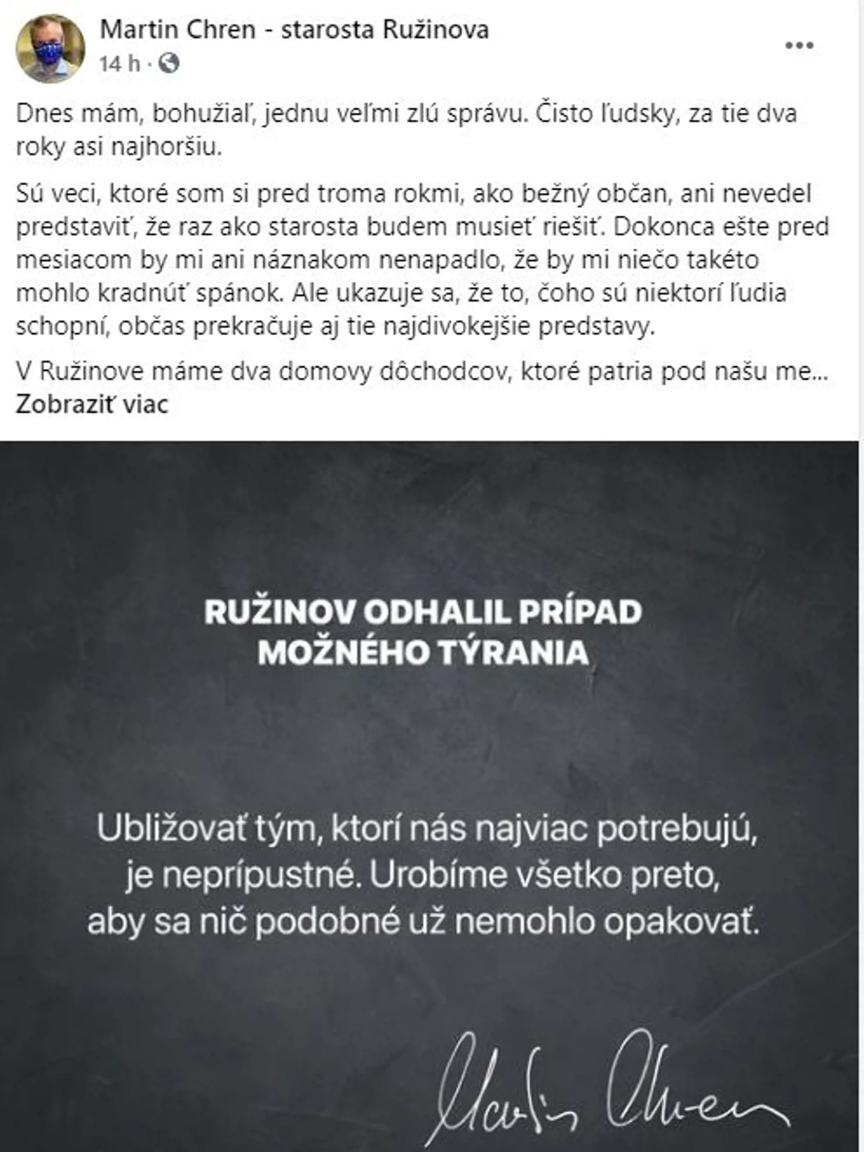Nedeľňajší status ružinovského starostu na sociálnej sieti.