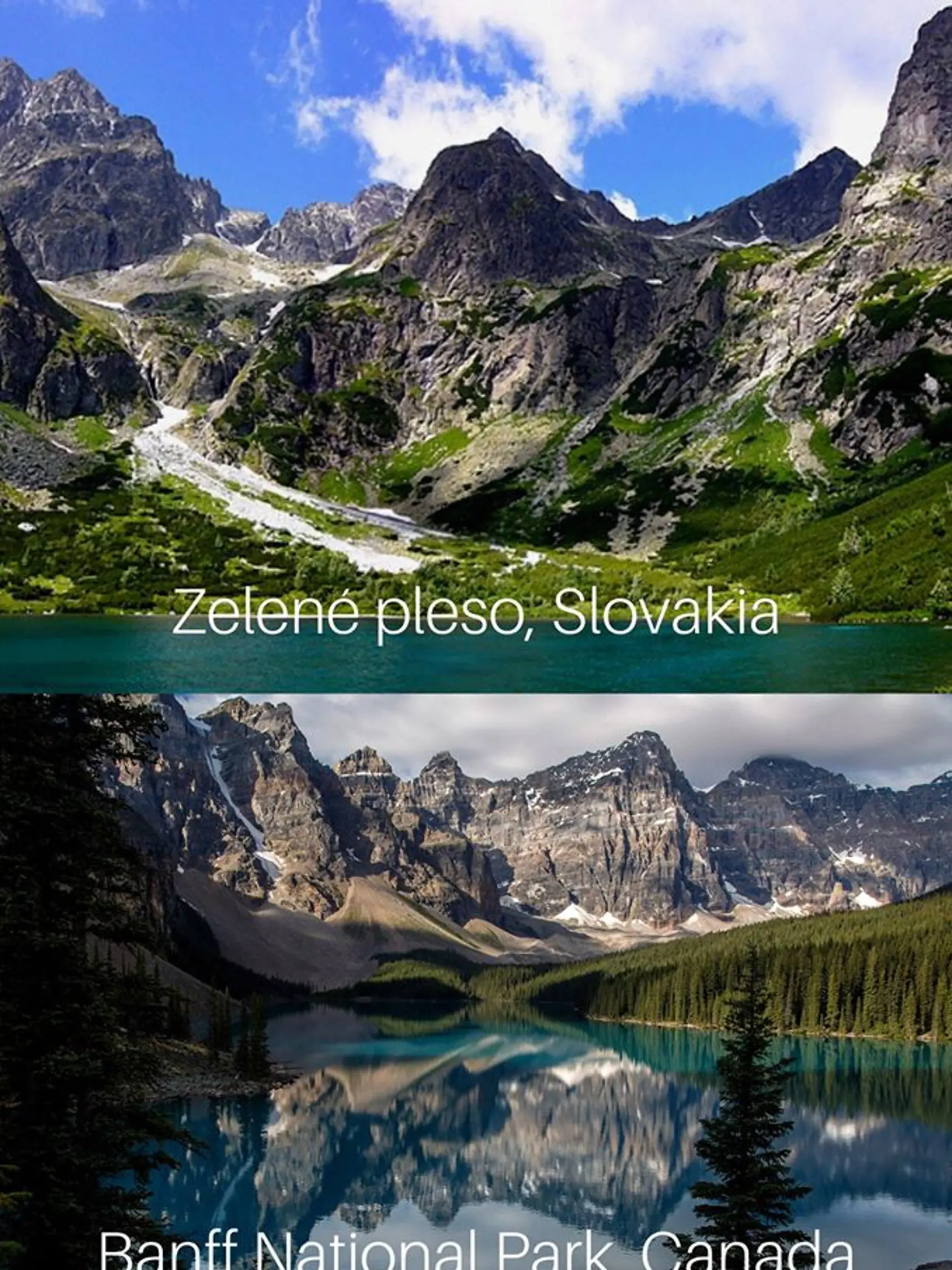 Zelené pleso vzniklo z morény v Doline Zeleného plesa. Nachádza sa v nadmorskej výške 1 545 m n. m. Jeho rozloha je  1,78 ha a je hlboké 4,5 m. Na severnej strane plesa stojí chata s rovnomenným názvom.  
Banff National Park je národný park v kanadskej provincii Alberta. Má rozlohu 6 641 km², vďaka čomu patrí k najrozľahlejším na svete. Pôvodnými obyvateľmi parku sú Indiáni z kmeňa Stoney. Hlavným prírodným prostredím sú hory, príroda tu je z prevažnej väčšiny nedotknutá človekom, okrem dvoch miest – Banff a Lake Louise.