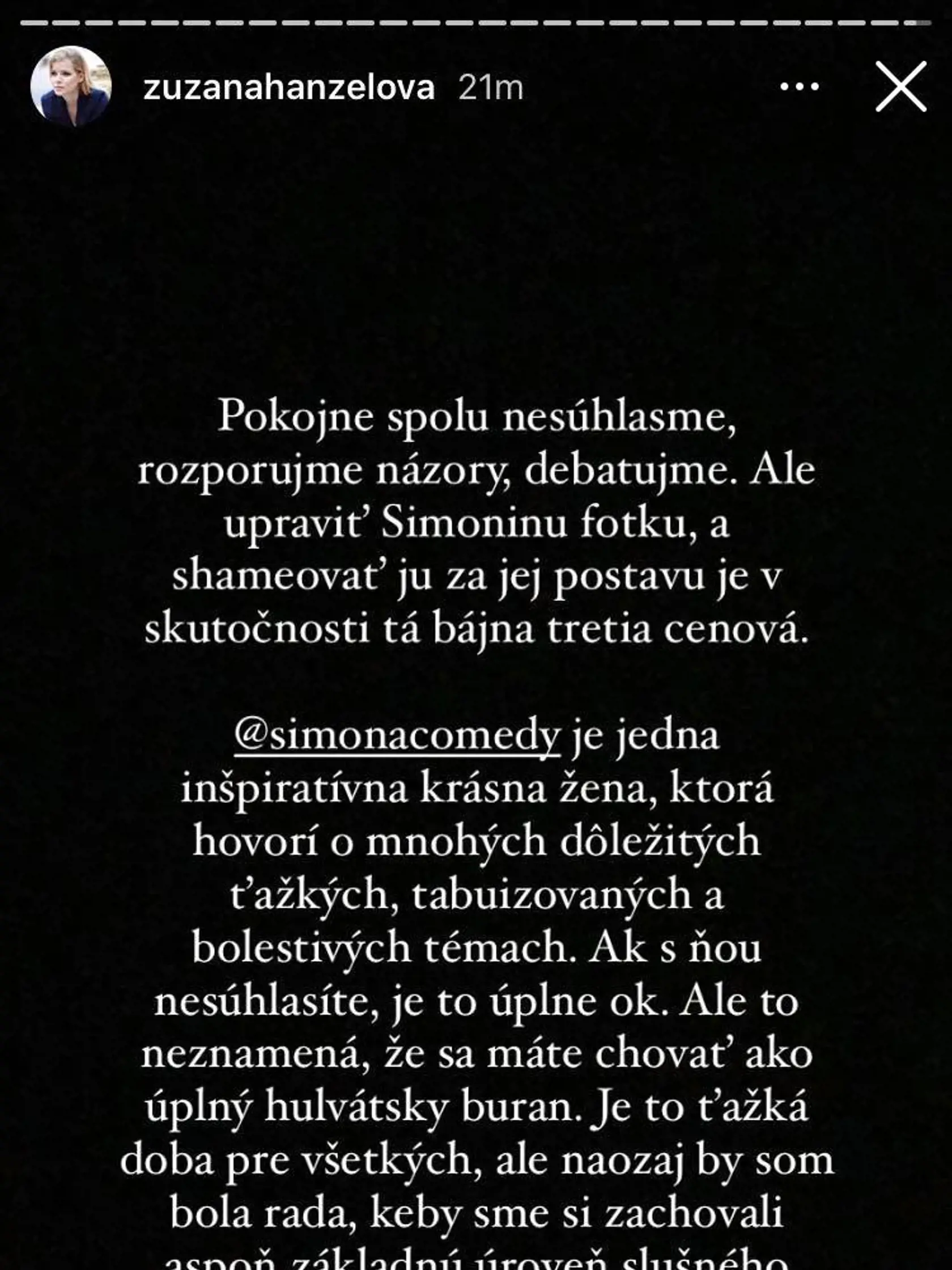 Vyjadrenie redaktorky Zuzany Hanzelovej k útokom Rytmusa na stand up komičku Simonu Salátovú, ktorá je súčasťou Silnej zostavy.