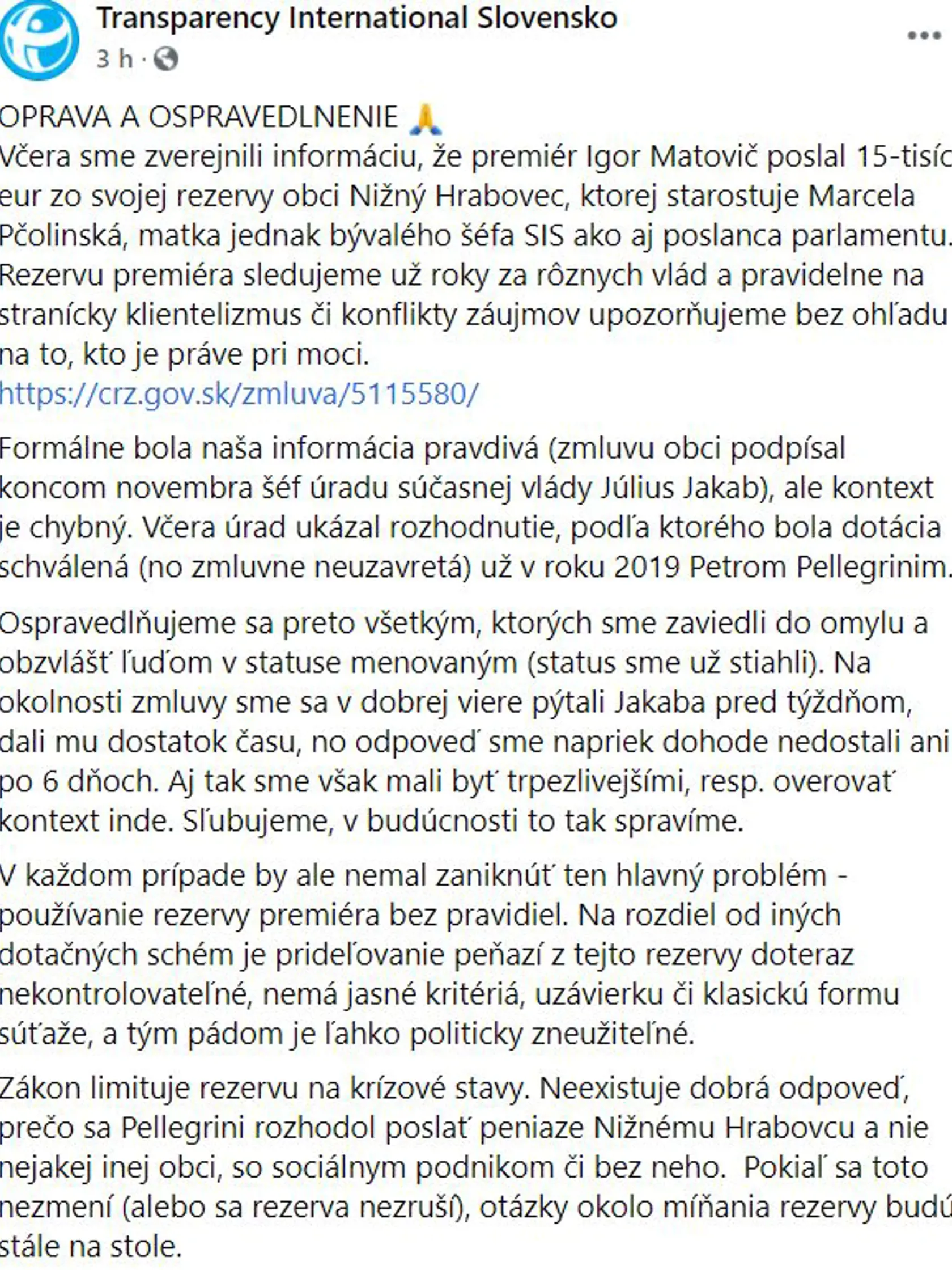 Transparency International - ospravedlnenie